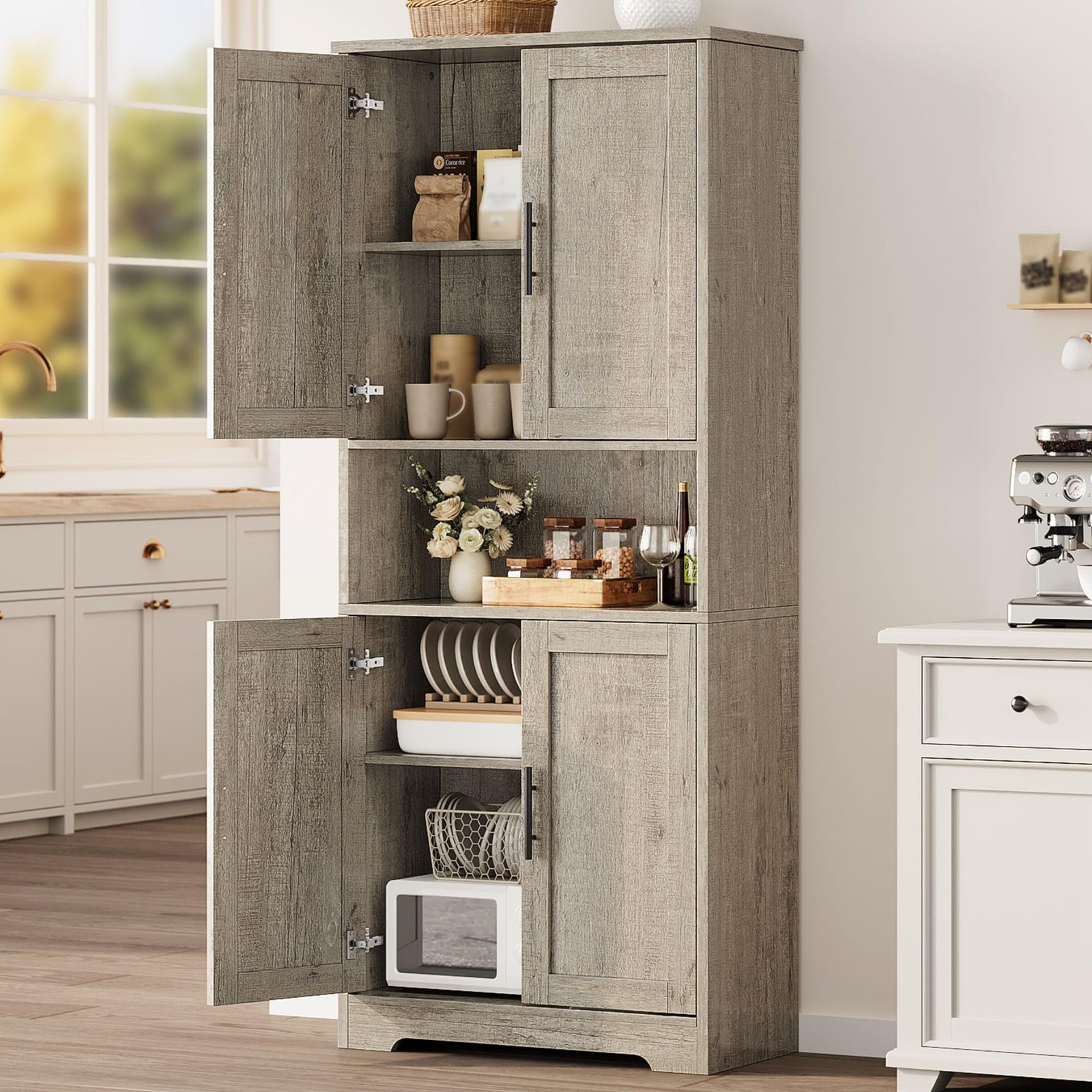 70” Tall Kitchen Pantry Cabinet Freestanding Storage Cabinet Adjustable Shelves