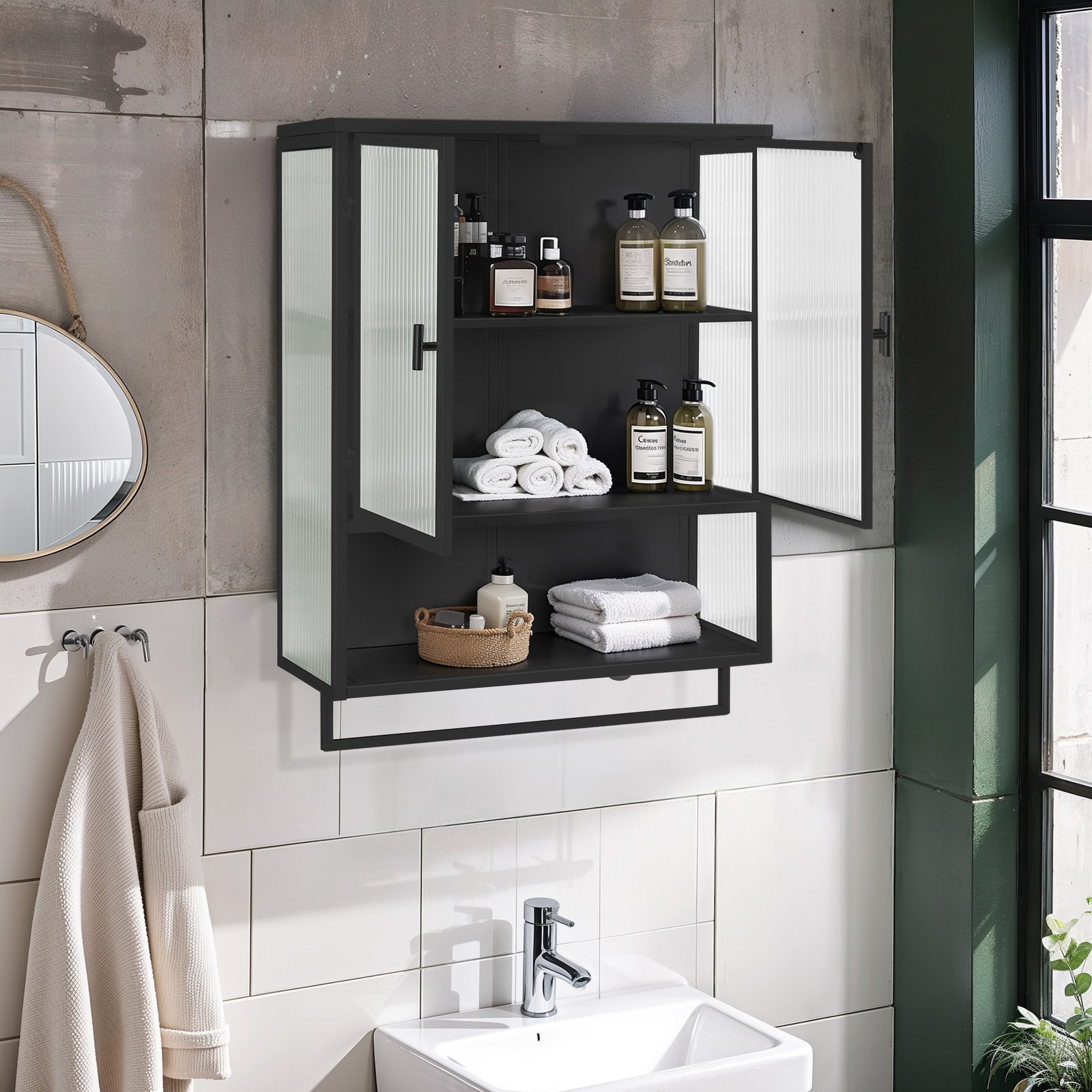 23.62″ Glass Door Wall Cabinet with Open Shelf & Towel Rack, Black