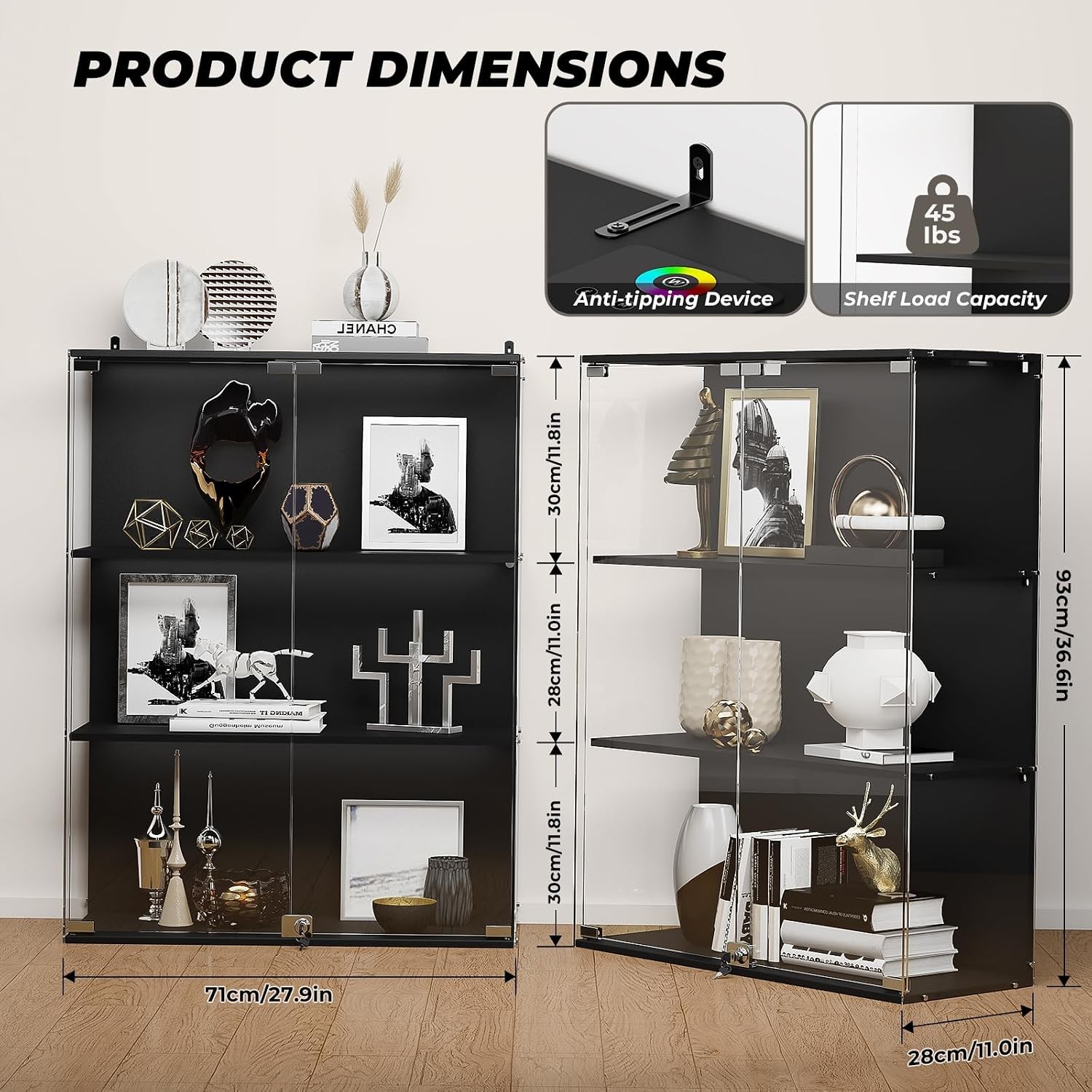 Glass Display Cabinet with RGB LED Lights Full-View Display 3-Tier Display Case