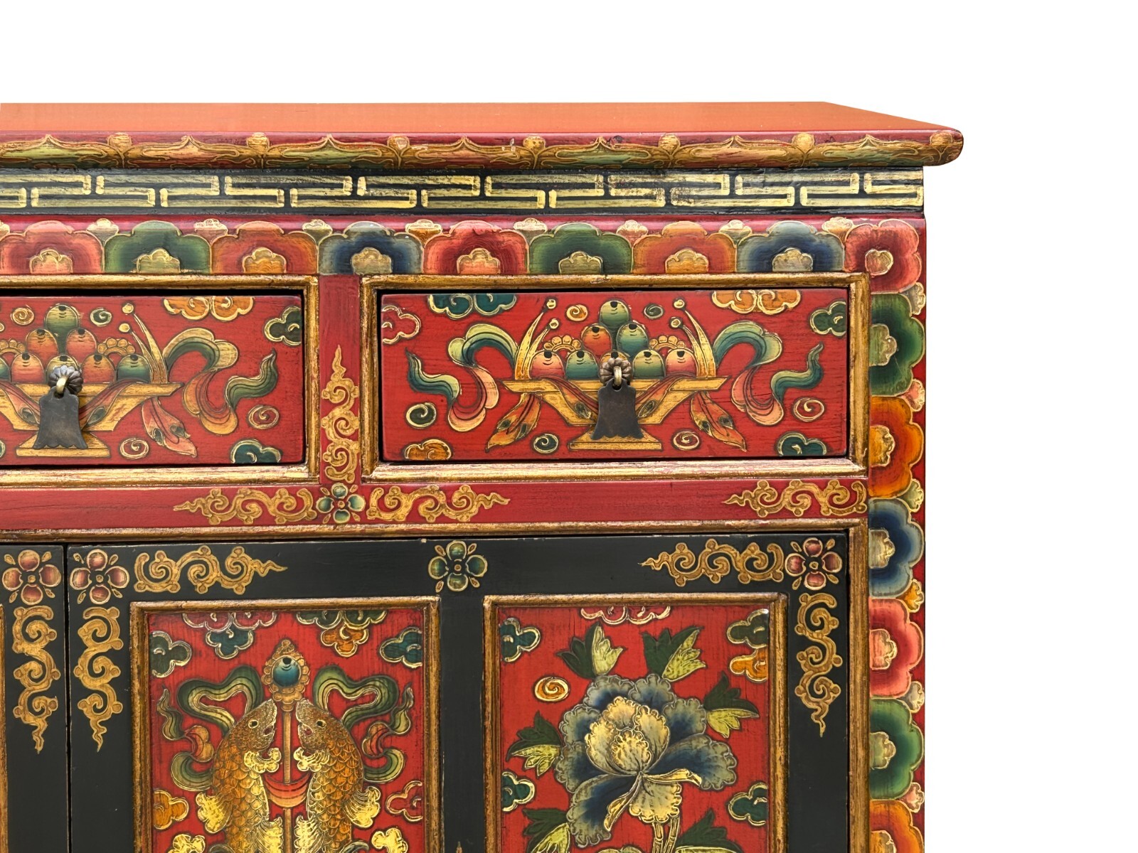 Tibetan Style 8 Auspicious Symbols Graphic Credenza Storage Cabinet ws4623