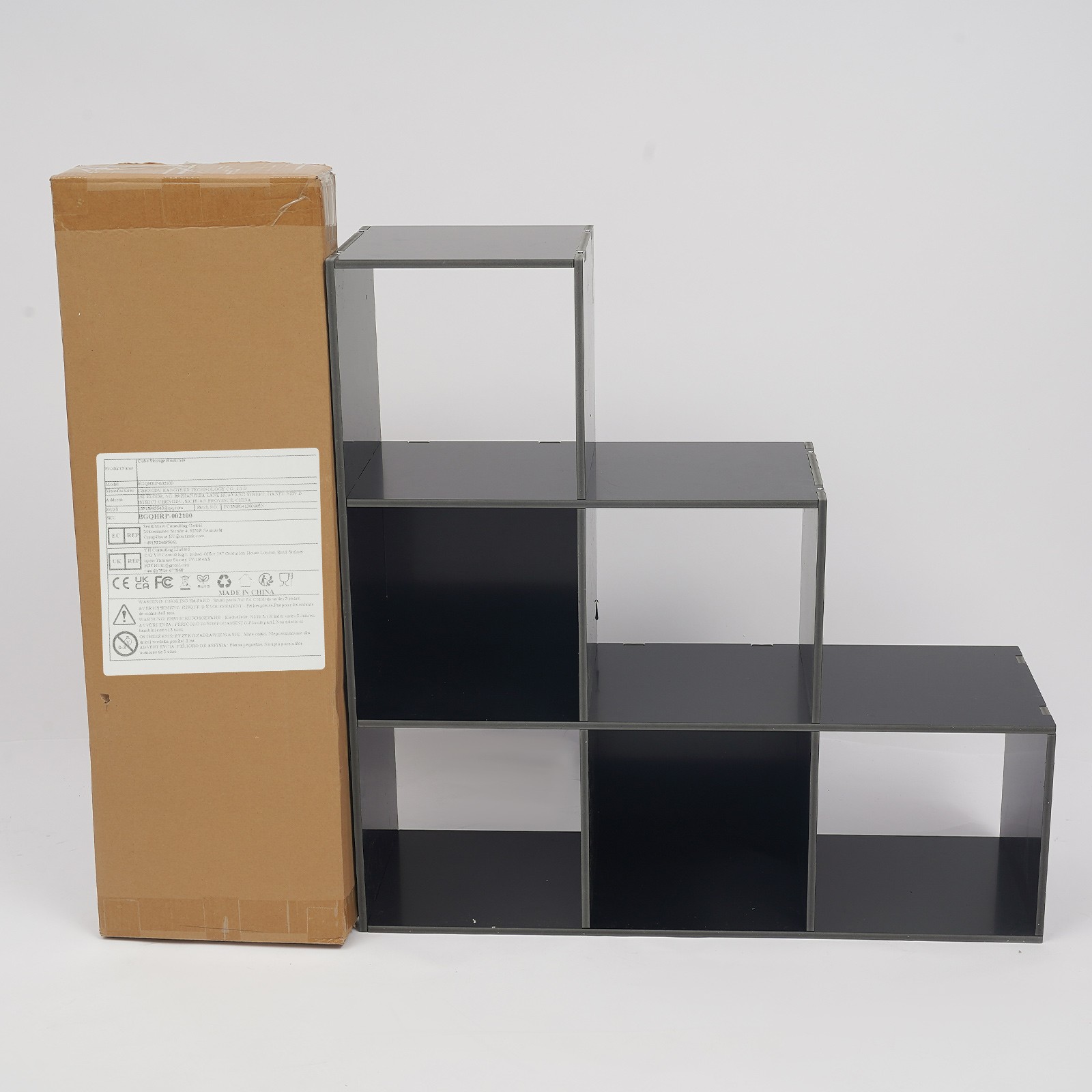 Black 6-cube L-shaped Storage Bookcase Freestanding L-shaped Stepped Bookcase