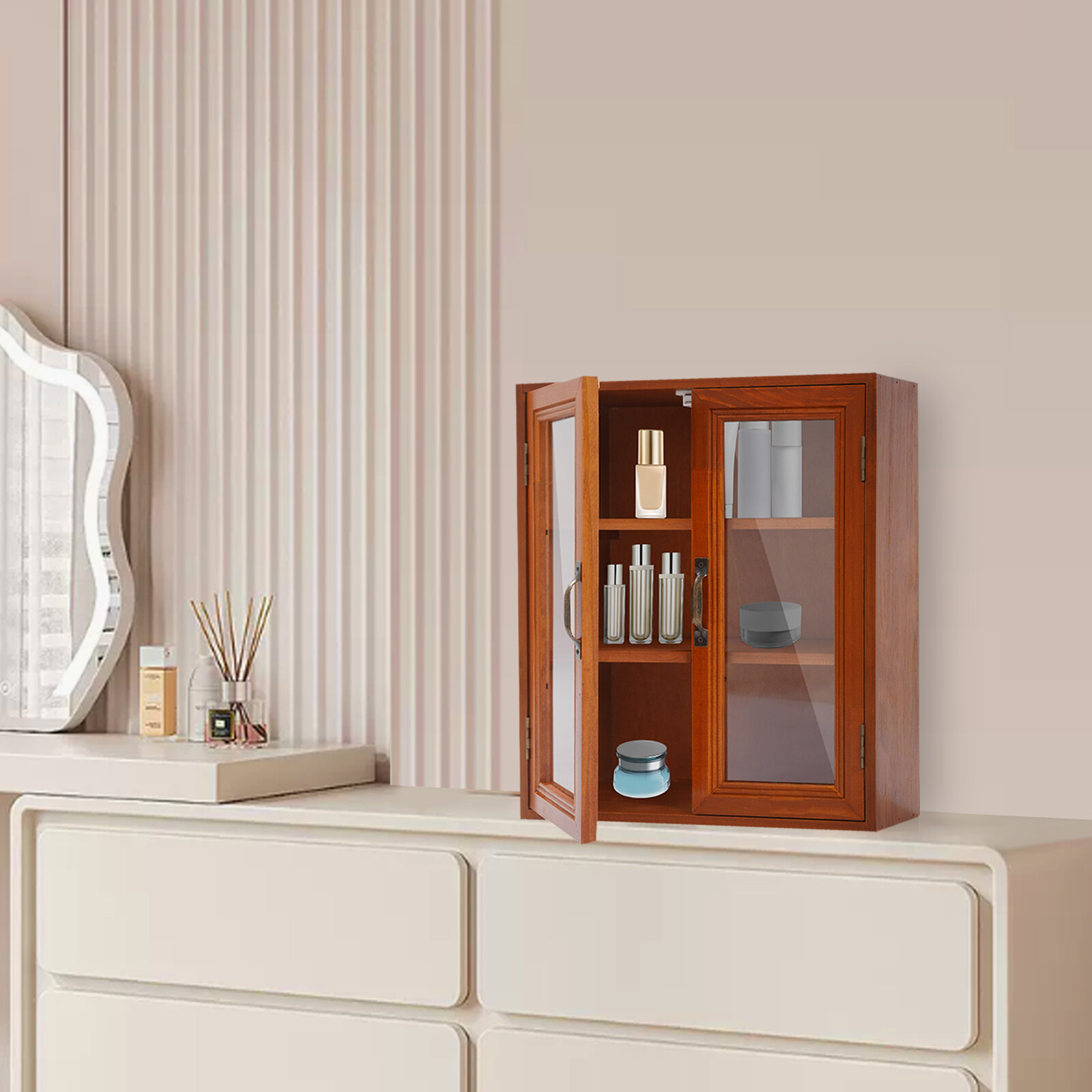 Wooden Cabinet Storage Organizer Clear Magnetic Doors 3 Tier Home Storage Shelf