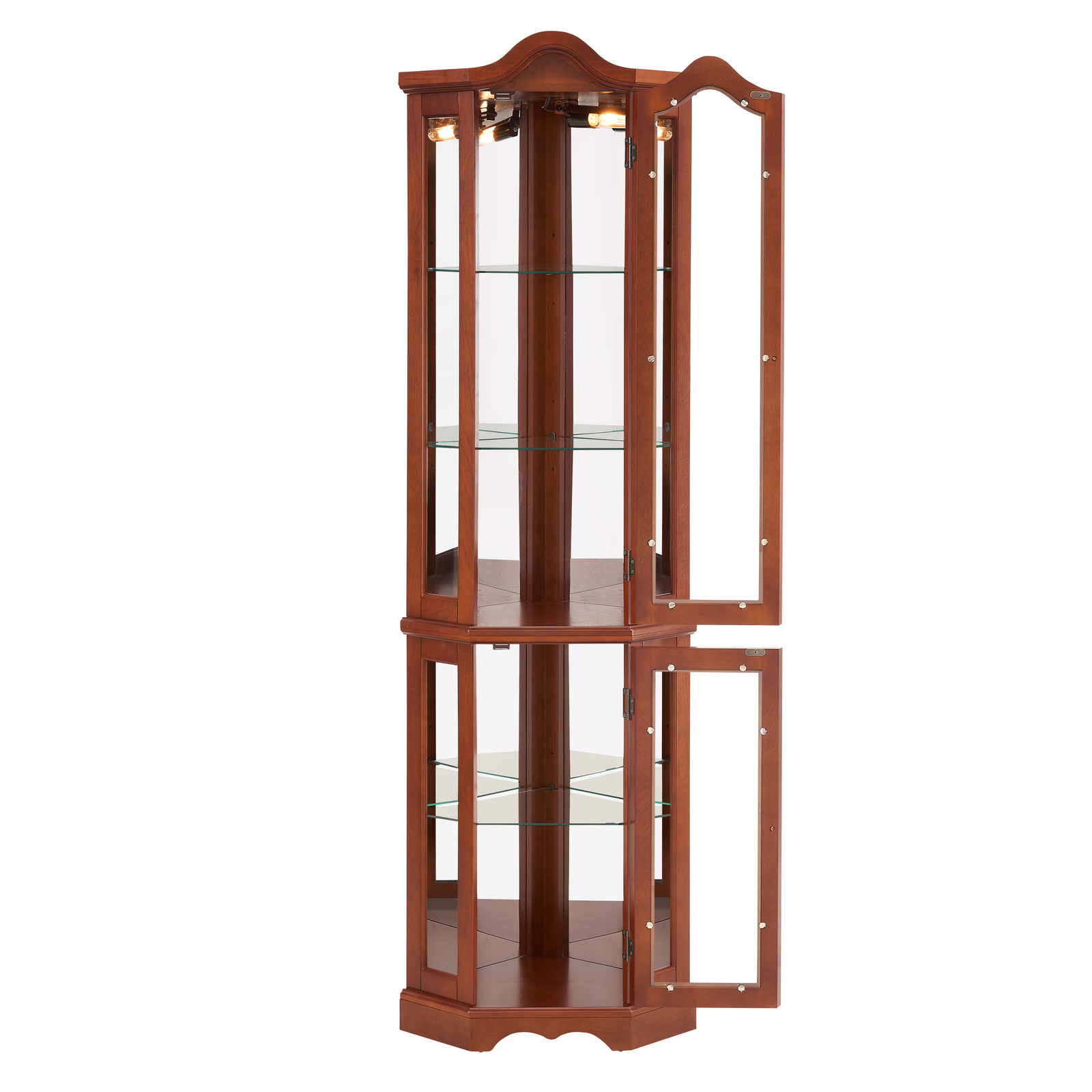 Lighted Curio Wooden Corner Cabinet w/Doors & Adjustable Tempered Glass Shelves