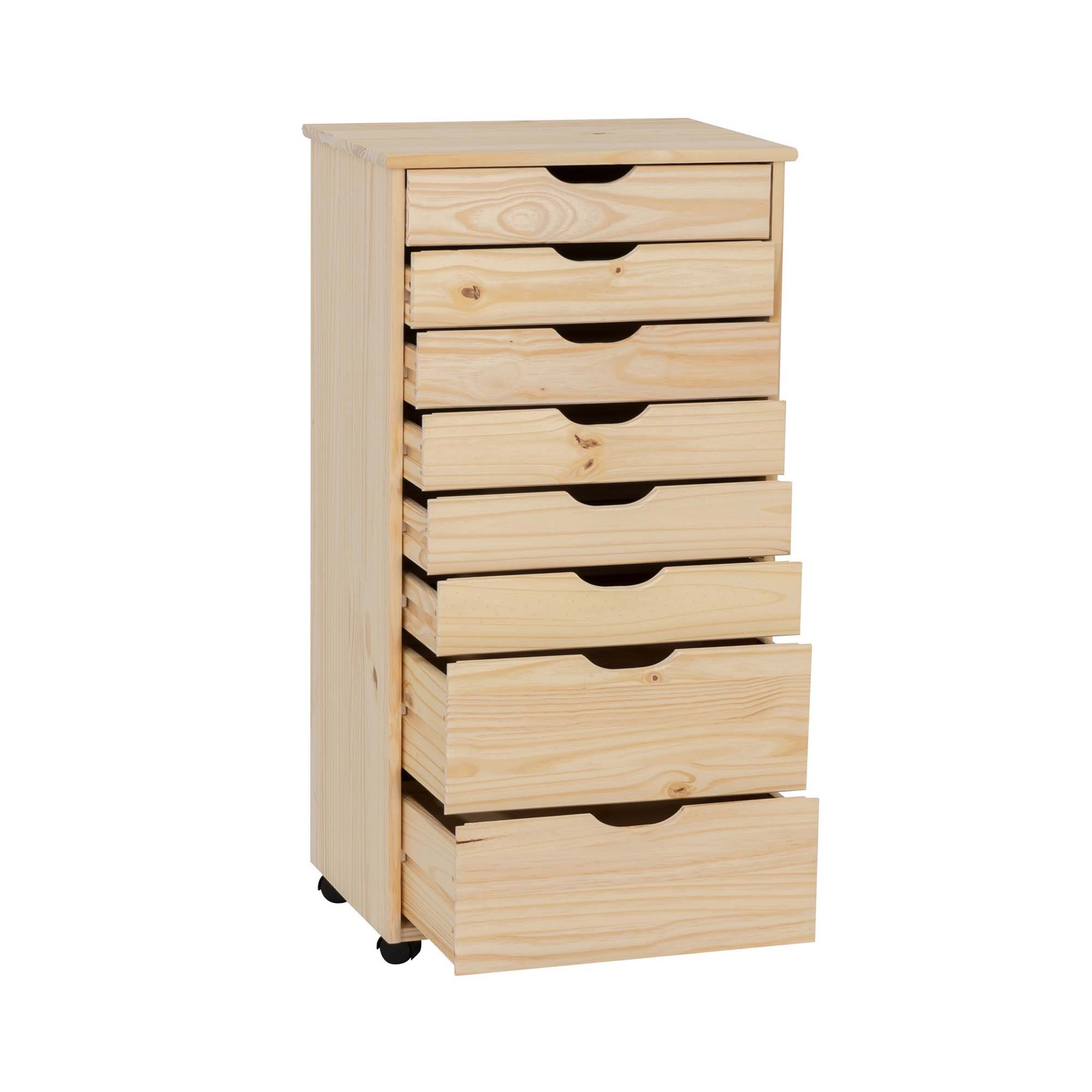 Callie 8 Drawer Rolling Storage Cart Recessed Handles in Unfinished Pine Wood