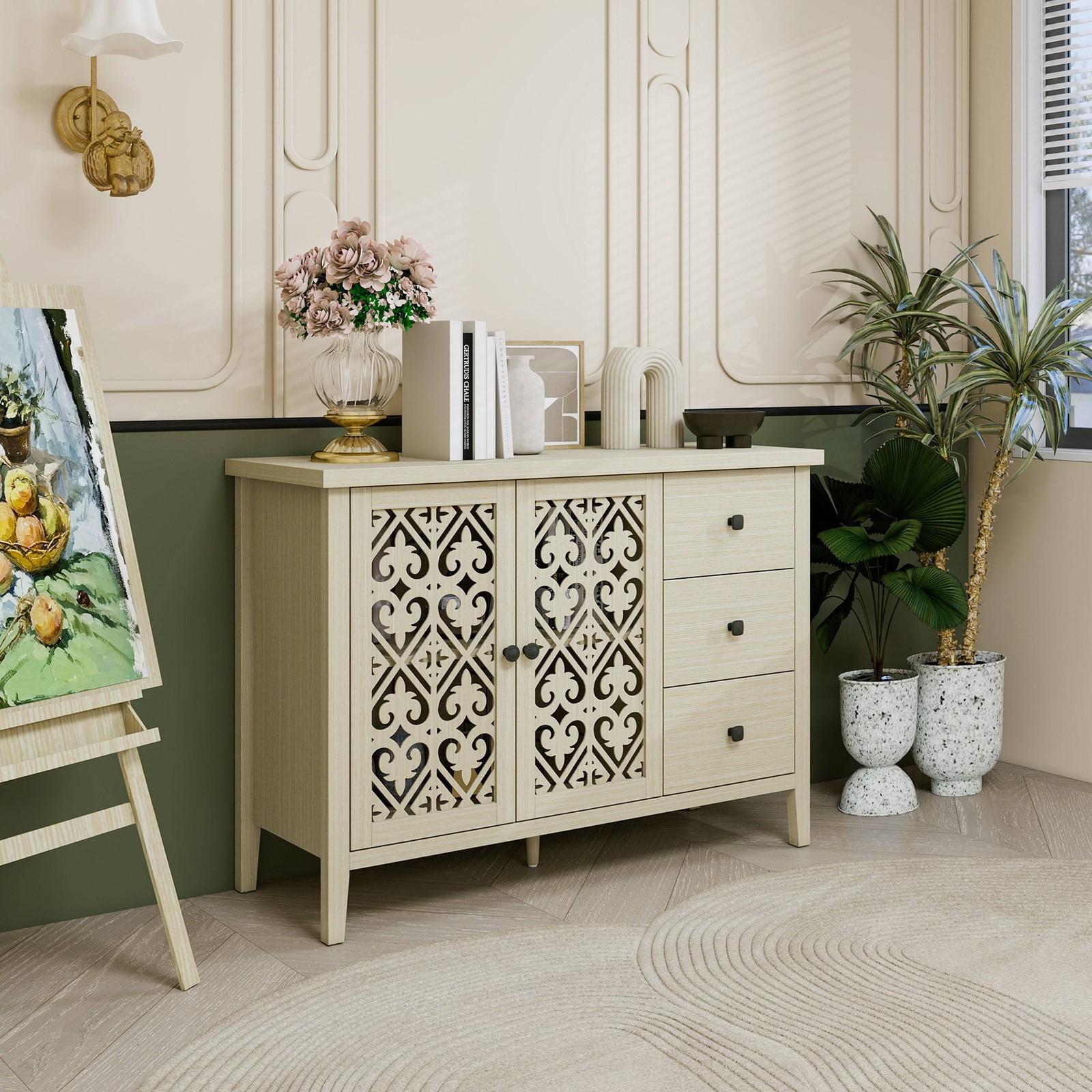 Hollow-Carved 2 Door Sideboard Buffet 3 Drawer Adjustable Shelf Storage Cabinet