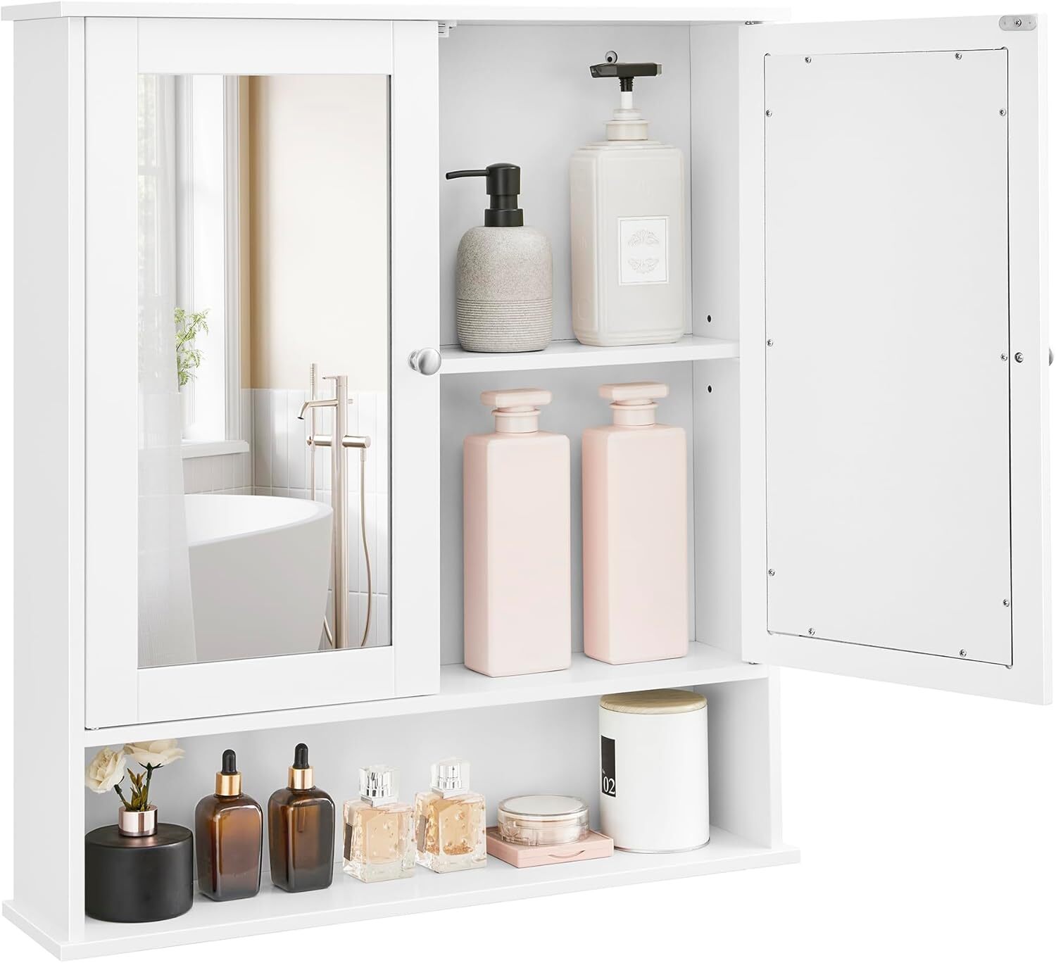 Wall Cabinet with 2 Mirrored Doors, 5.9 x 25.6 x 29.5 inches, White