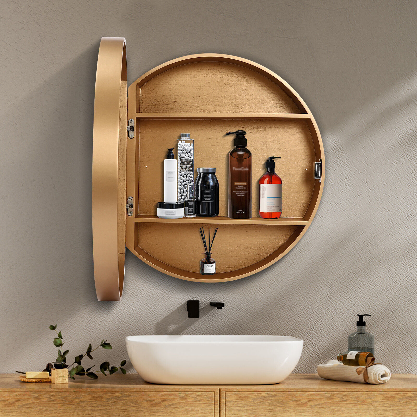 Round Gold Bathroom Mirror Cabinet Wall-mounted Organizer Makeup Mirror Cabinet