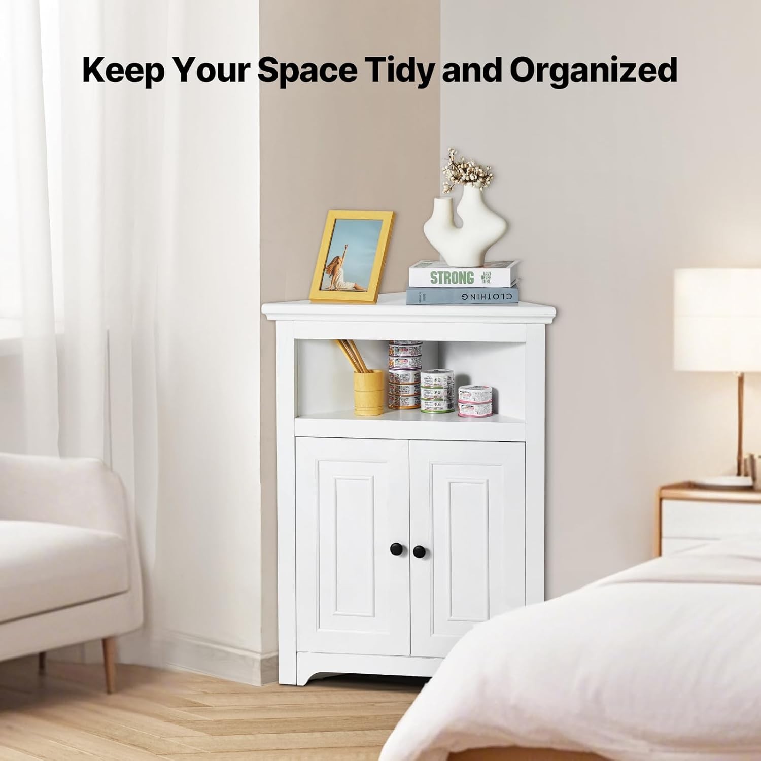 32″ Corner Storage Cabinet, 3 Tiers Small Storage Cabinet with 2 Wooden Doors