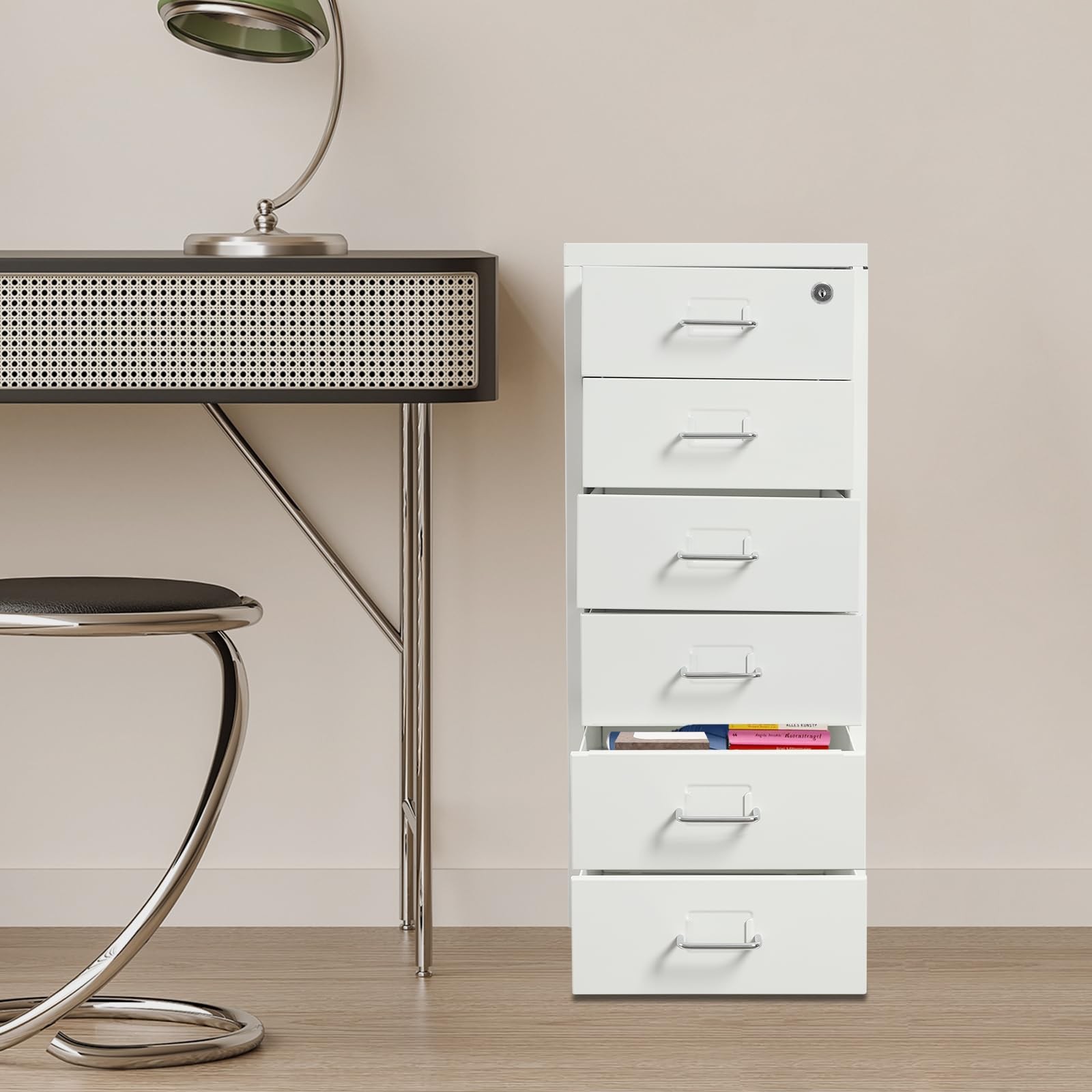 6 Drawer Vertical File Cabinet Rolling Wheels Cold Rolled Steel 27 Inch White