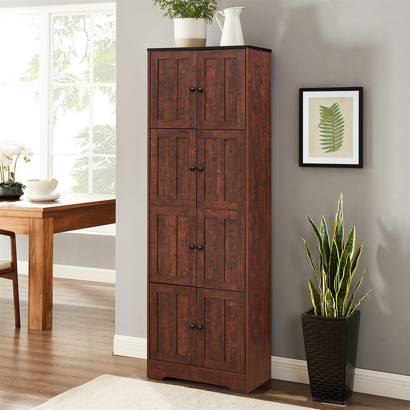 Tall Storage Cabinet Pantry Cabinet with 4 Doors and 4 Shelves for Living Room
