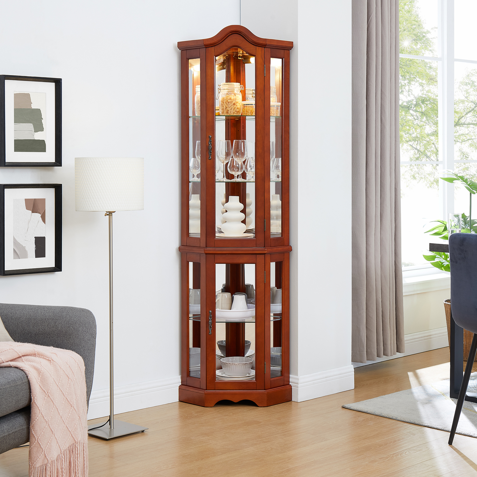 Lighted Curio Wooden Corner Cabinet w/Doors & Adjustable Tempered Glass Shelves