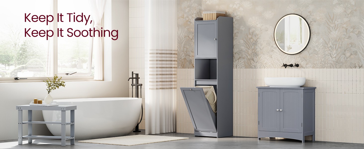 Tall Storage Cabinet, Storage Unit with Removable Laundry Basket, Compartment