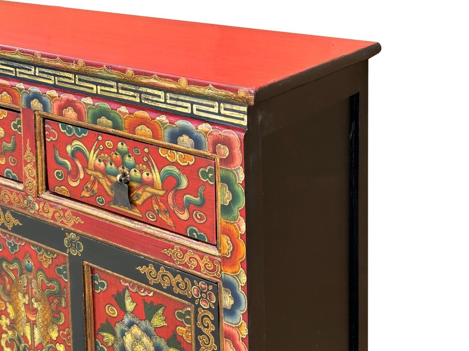 Tibetan Style 8 Auspicious Symbols Graphic Credenza Storage Cabinet ws4623
