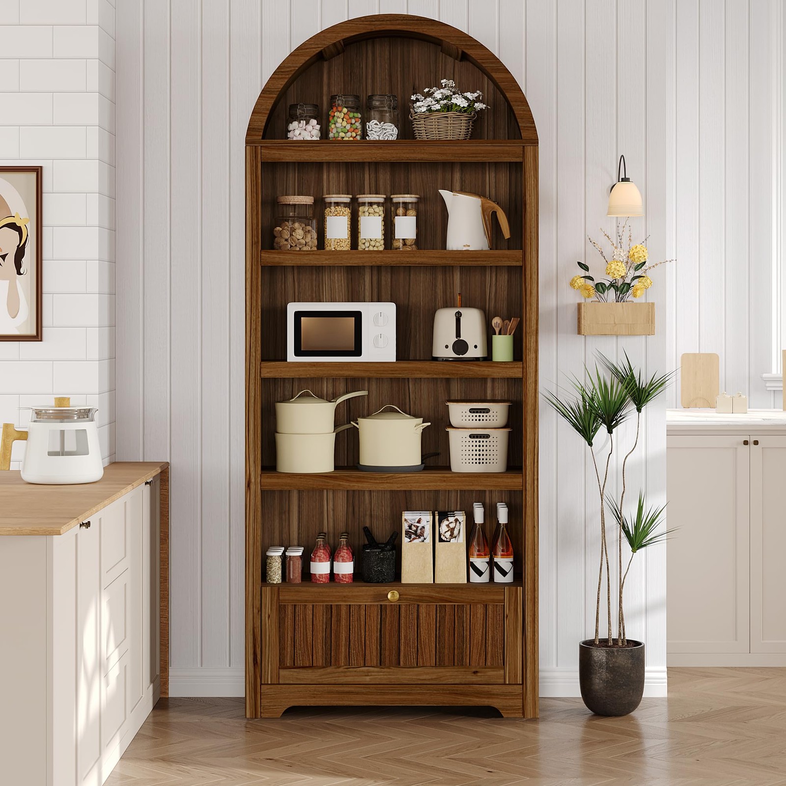 Garvee 71 in Walnut Arched Pantry Cabinet, 6-Tier Open Shelf with Drawer, Mid…