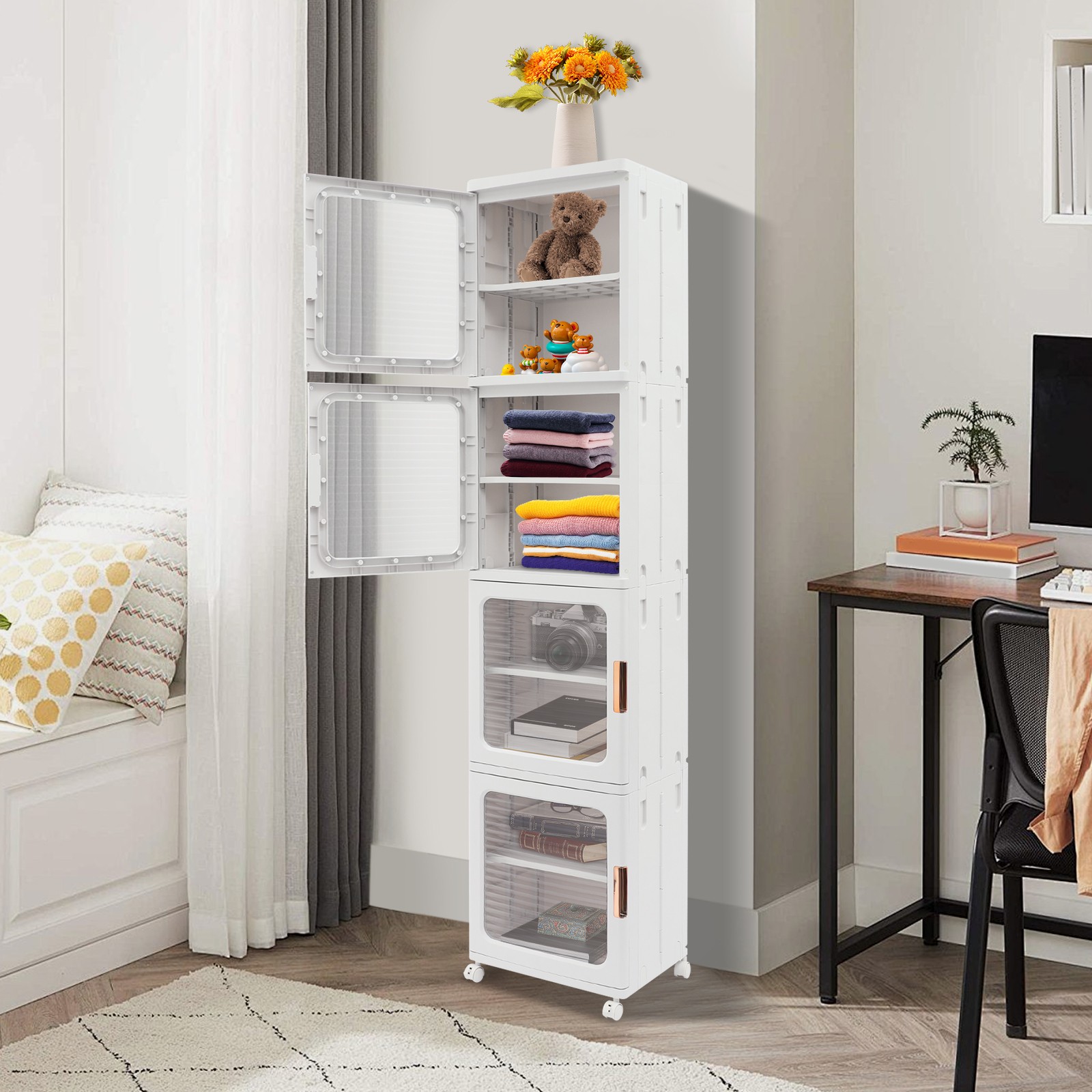 4-Tier Tall Narrow Storage Cabinet Organizer, Slim Bathroom Cabinets with Doors