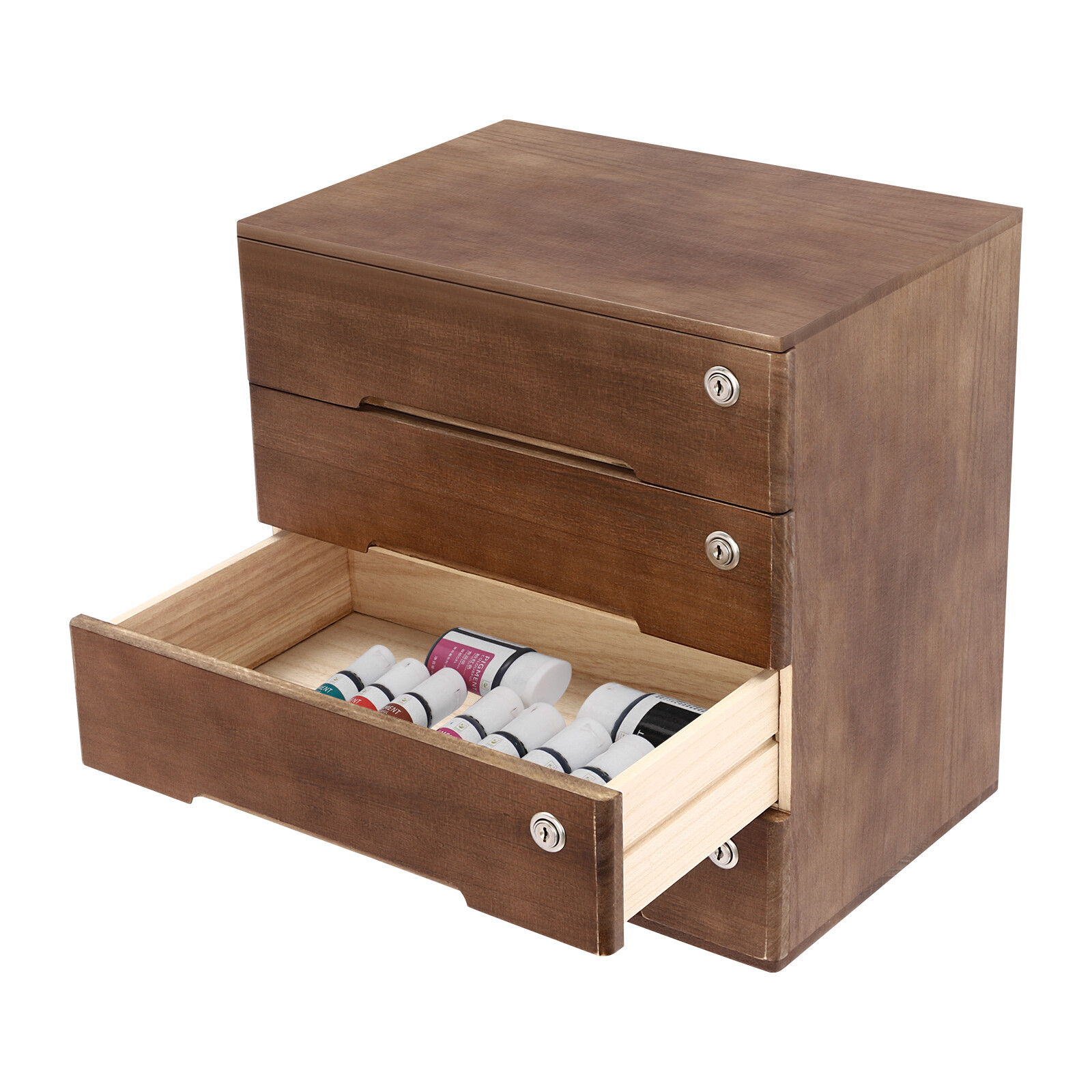 Desktop Storage Cabinet, 4 Drawer, Lockable, Wood, 15.75x11x15.94 Inch, Walnut