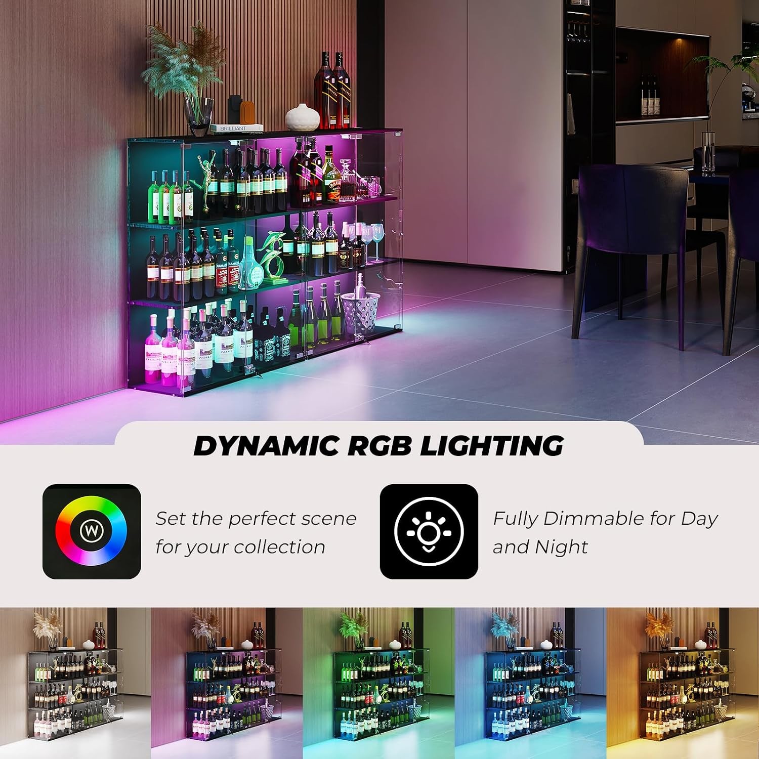 Glass Display Cabinet with RGB LED Lights Full-View Display 3-Tier Display Case