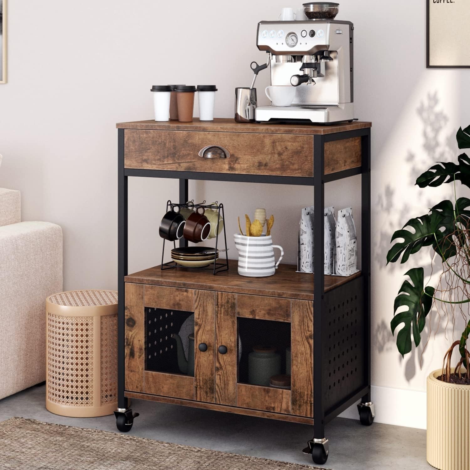 Coffee Bar Cart Cabinet,3 Tier Coffee Station Table on Wheels,Coffee Cart W/