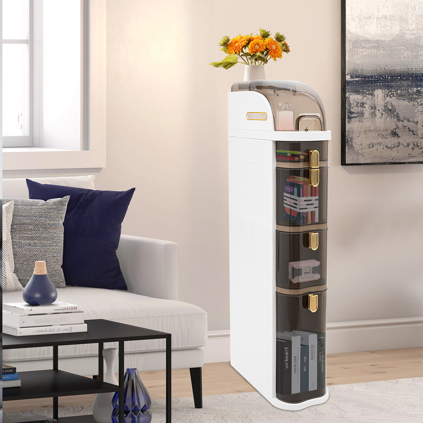 Plastic Slim Storage Cabinet,Rolling Narrow Organizer with Toilet Paper Holder