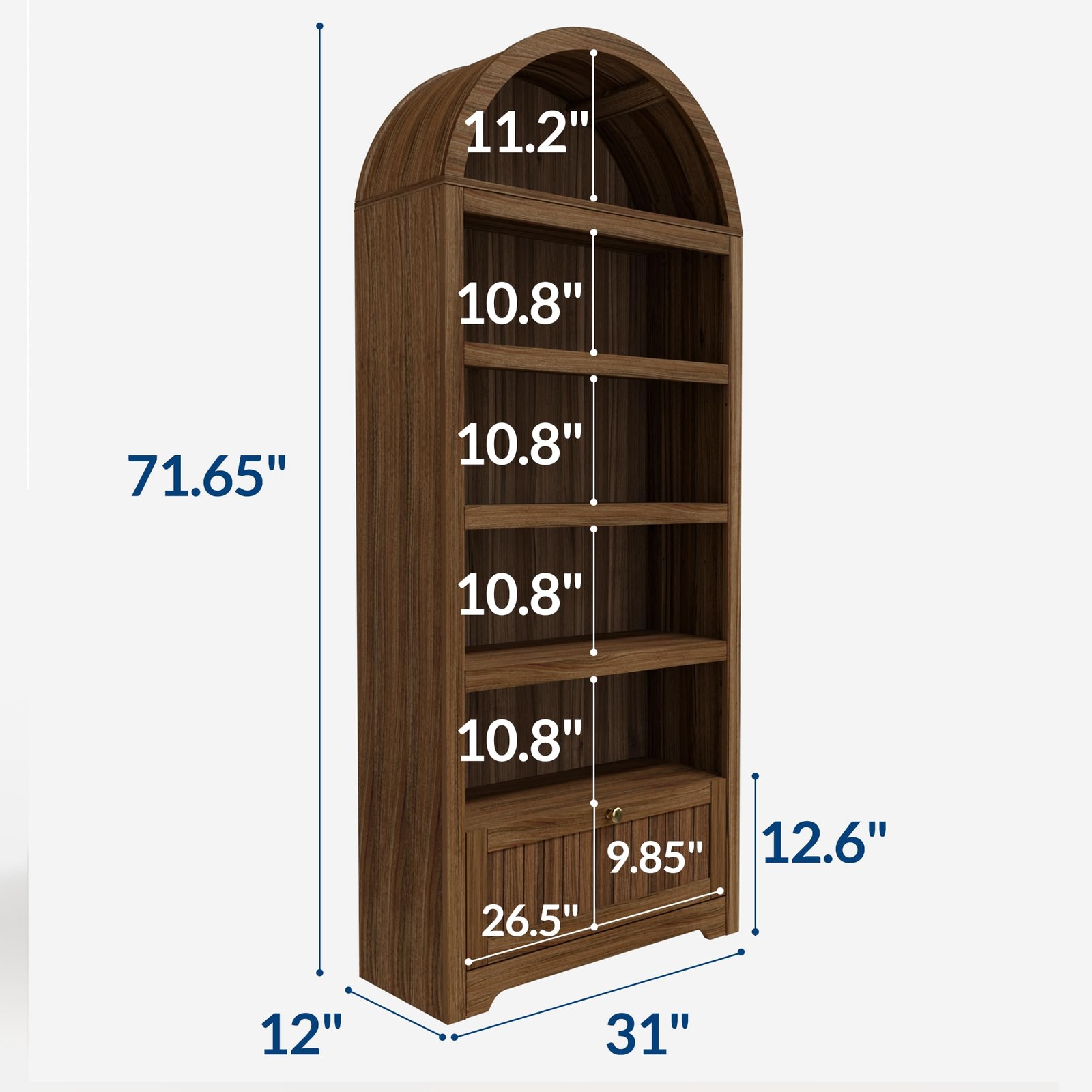 Garvee 71 in Walnut Arched Pantry Cabinet, 6-Tier Open Shelf with Drawer, Mid…