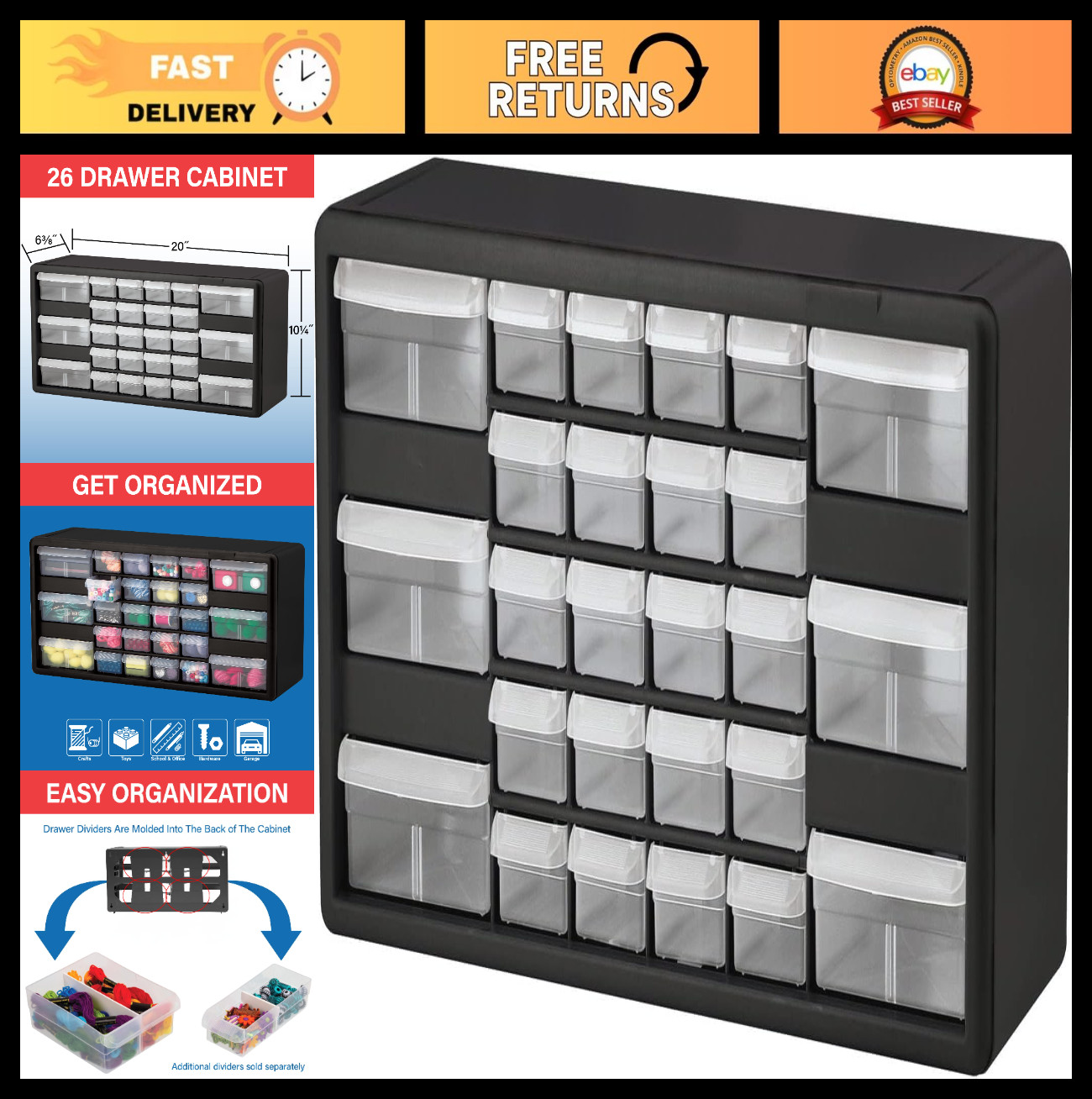 26-Drawer Plastic Storage Cabinet Organizer, 20″W x 6″D x 10″H, Black – Durable