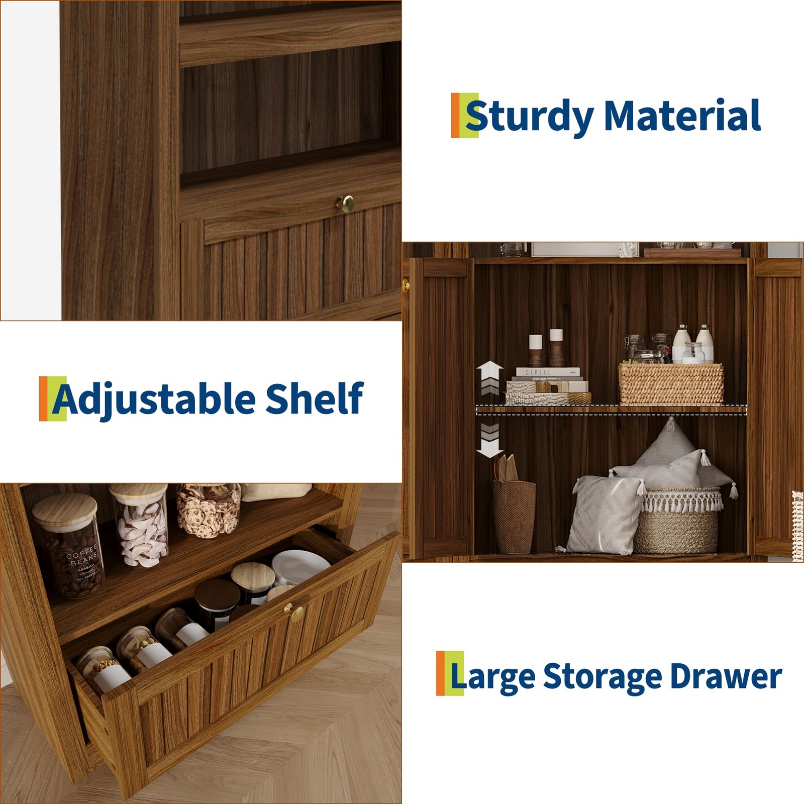Garvee 71 in Walnut Arched Pantry Cabinet, 6-Tier Open Shelf with Drawer, Mid…