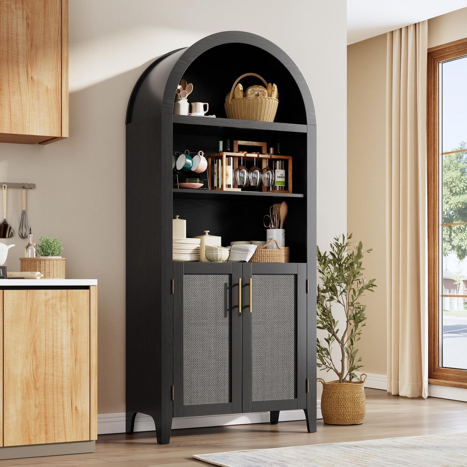 Farmhouse Arched Kitchen Pantry Storage Cabinet with 5-Tier Open Display Rattan