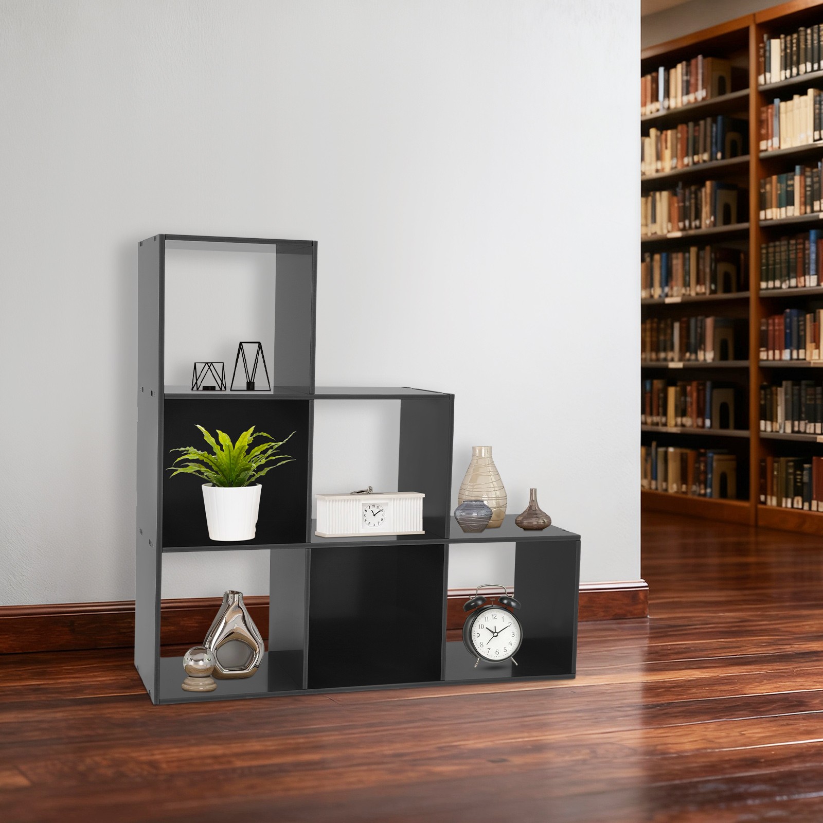 Black 6-cube L-shaped Storage Bookcase Freestanding L-shaped Stepped Bookcase
