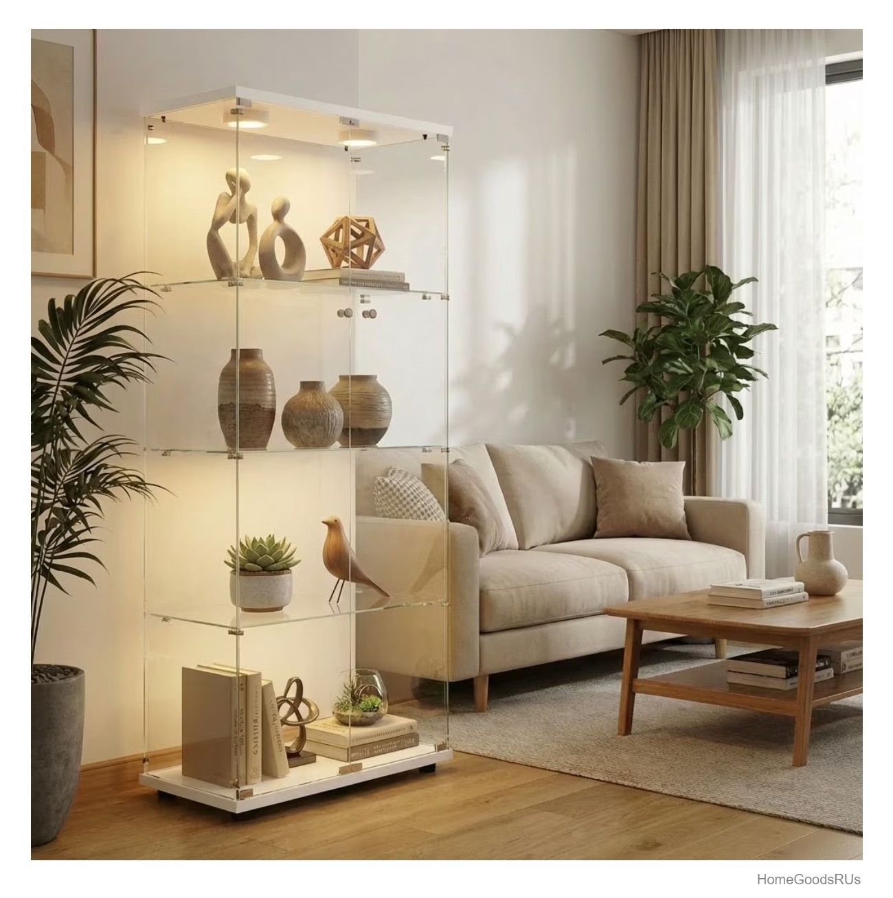 Curio Cabinet 4 Shelf Glass Display Case with LED Lights 2 Door Floor Standing