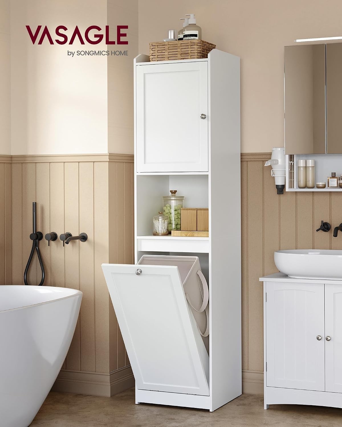 Tall Storage Cabinet, Storage Unit with Removable Laundry Basket, Compartment