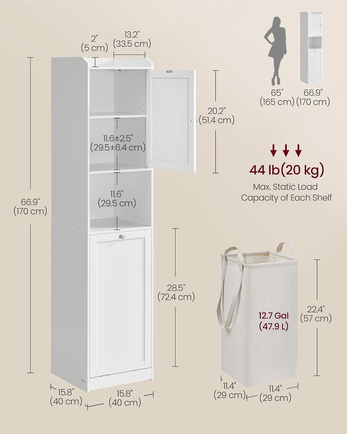 Tall Storage Cabinet, Storage Unit with Removable Laundry Basket, Compartment