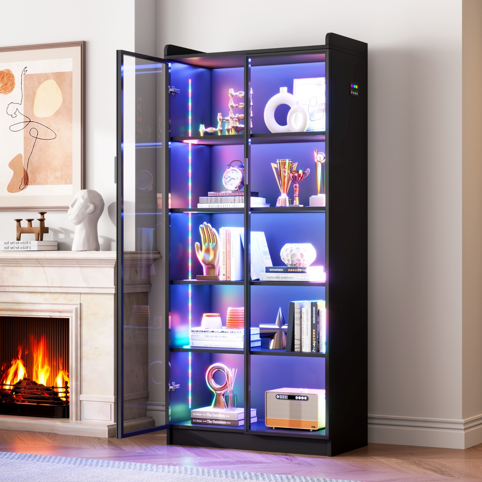 65″ Tall Display Cabinet with RGB Lights and Adjustable Shelves for Collectibles