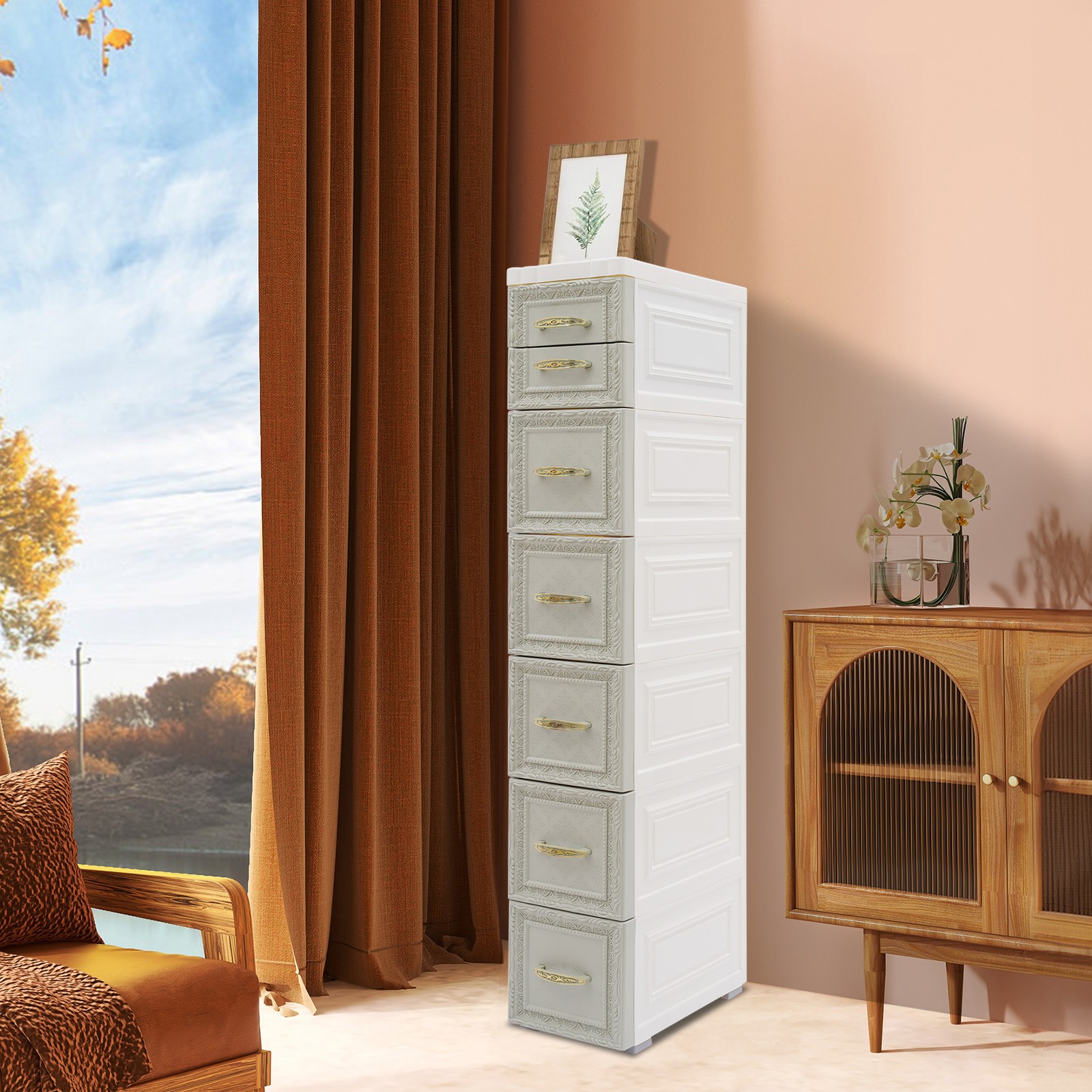 Slim Storage Organizer, Narrow Storage Cabinet with Movable Wheels Slim Bathroom