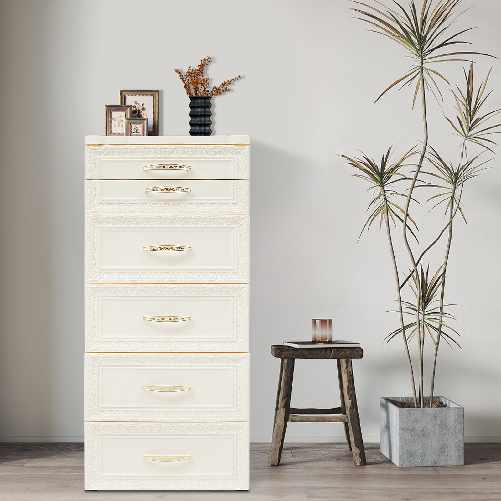 38*32*84cm 5 Tiers Floor Storage Cabinet 6 Drawers Storage Cabinet Beige Color