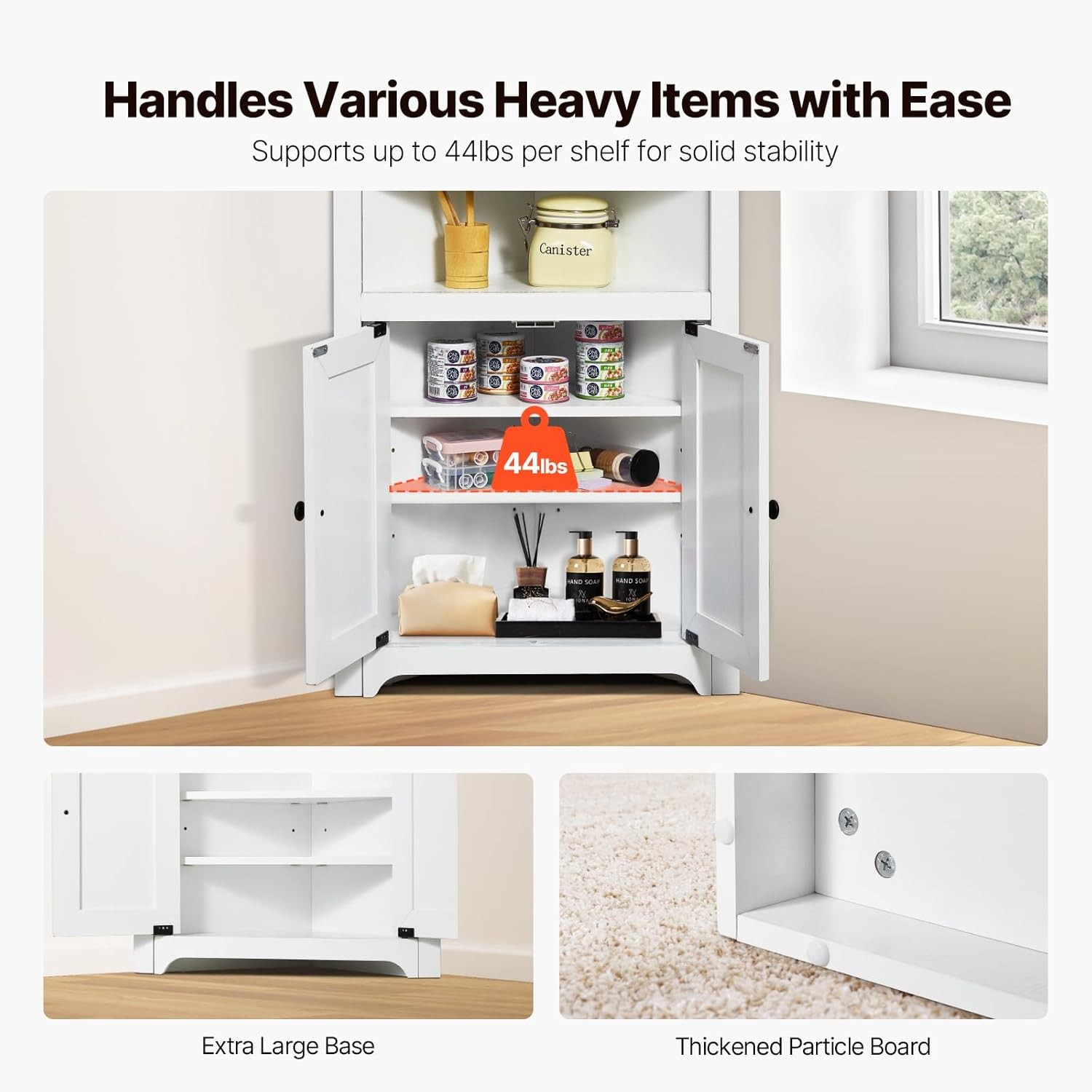 32″ Corner Storage Cabinet, 3 Tiers Small Storage Cabinet with 2 Wooden Doors