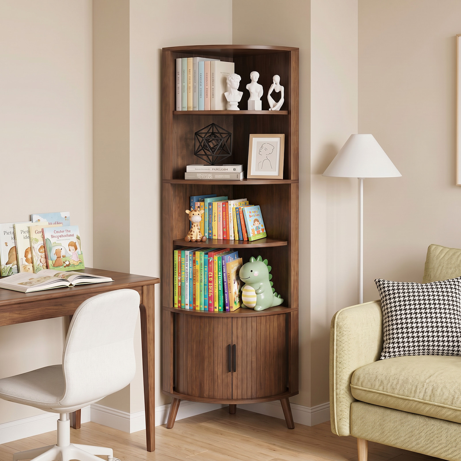 5-Tier Corner Shelf Tall Bookshelf Stand with Sliding Doors 67 Inch Narrow
