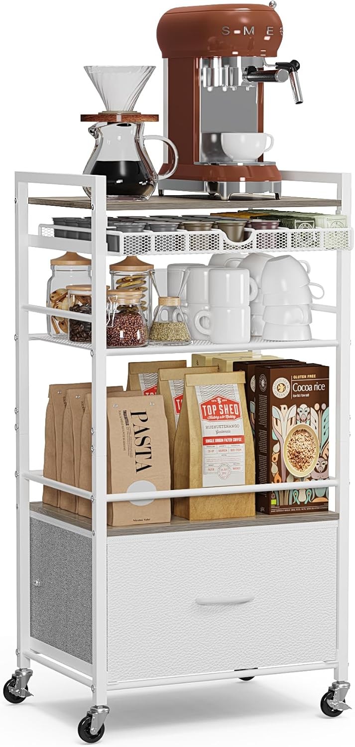 Coffee Bar Cabinet with Storage 5 Tier Coffee Station Table on Wheels 33.6″ H