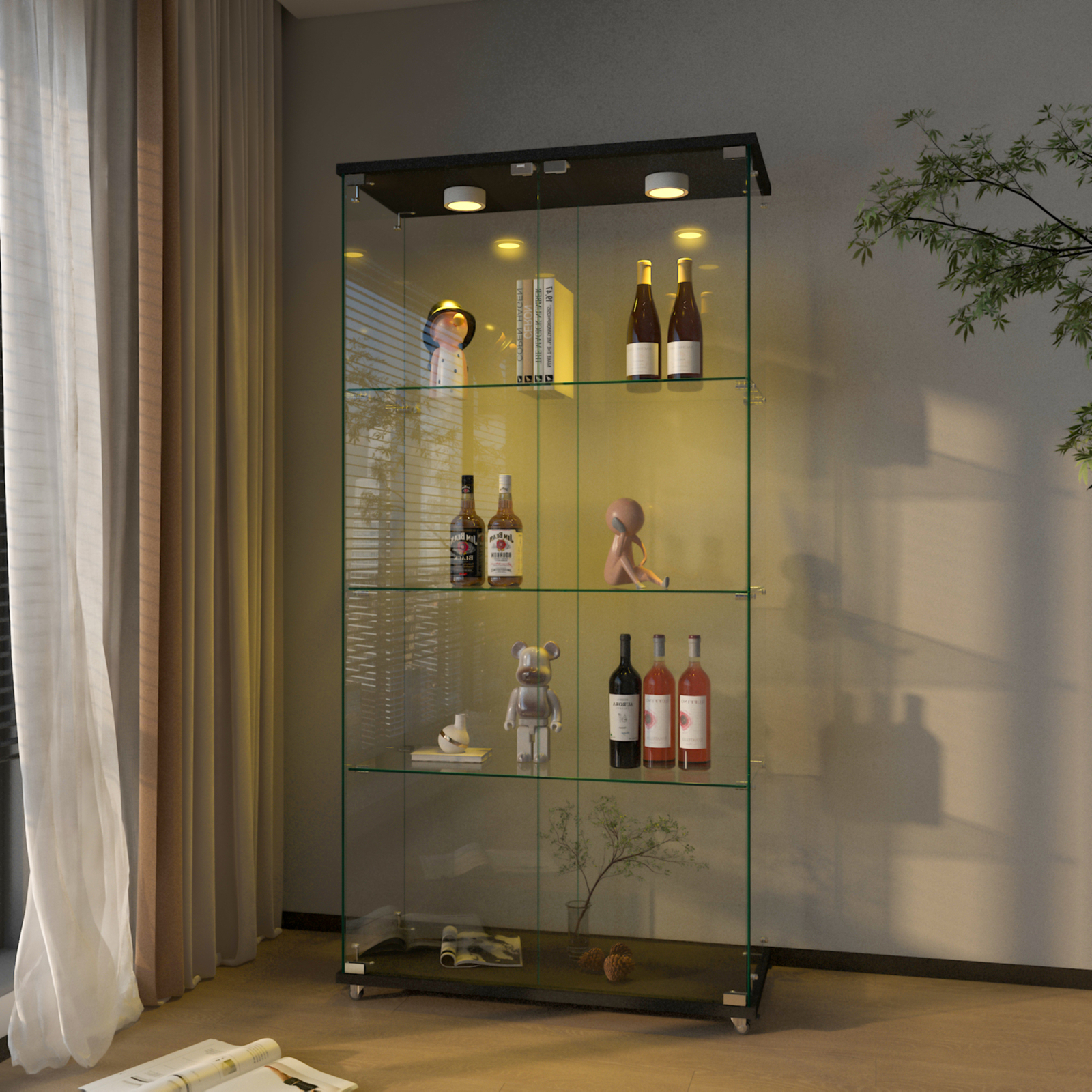 Glass Display Cabinet with LED Lights Modern Collectibles Toy Organizers Rack