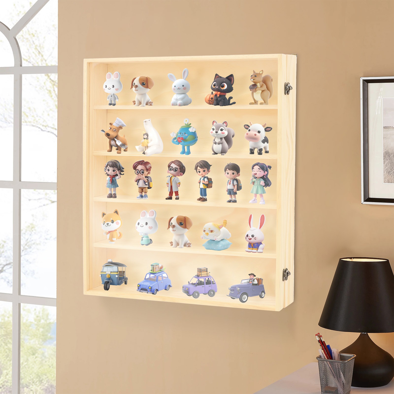 50*9*56cm Toy Display Case, 5 Tiers Wooden Display Cabinet, Wall-Mounted Cabinet