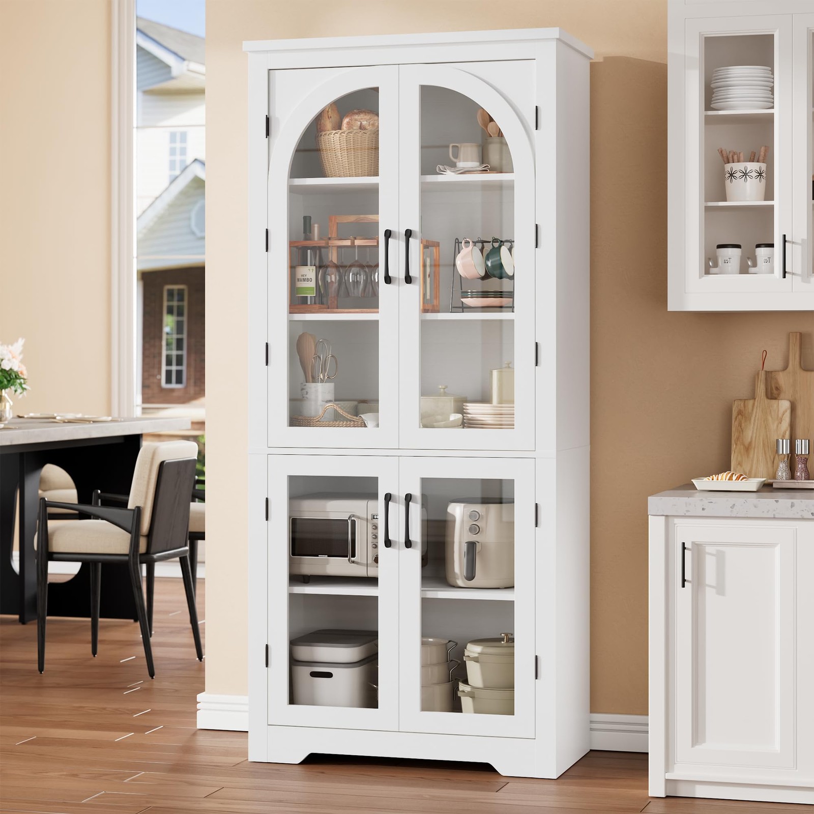 70″ Tall Kitchen Pantry Cabinet – Modern Display Cabinet with 4 Arched Glass …