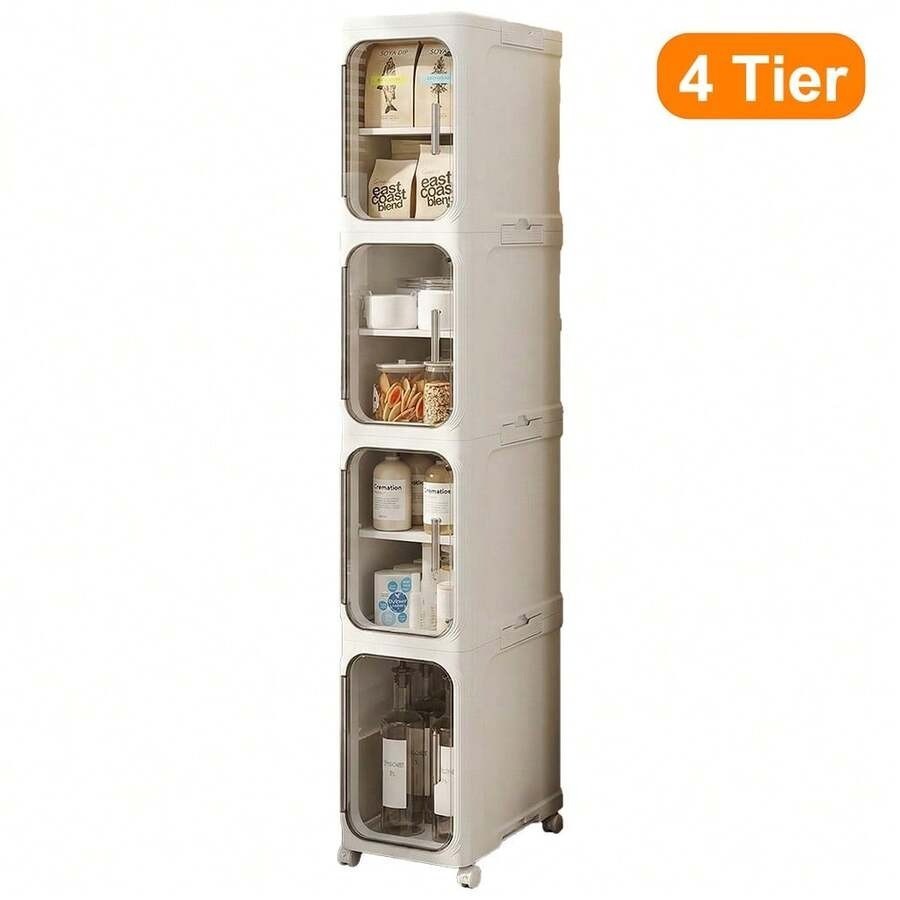 White 4-Tier Slim Rolling Storage Cabinet with Adjustable Shelves