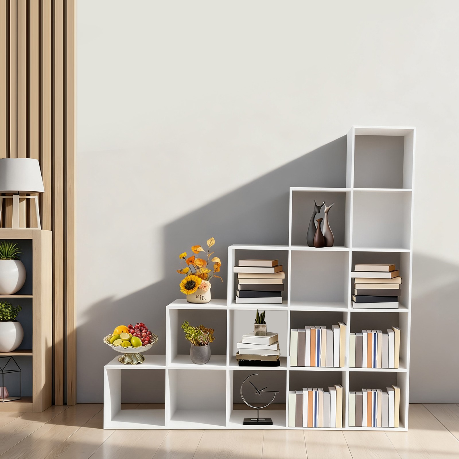 White Ladder Cube Storage Bookcase, L-Shaped Corner Shelf, 15-Cube Organizer