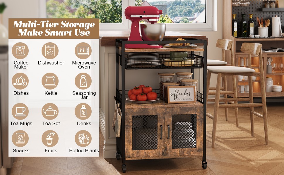 Coffee Bar Cabinet, 3 Tier Coffee Station Table on Wheels, 35.9″ H Bar Cart with