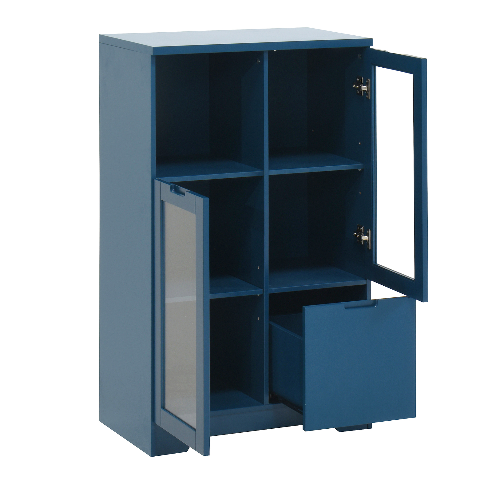 Wooden Floor Cabinet Blue Living Room Bathroom W/2 Glass Doors & 2 Storage Space
