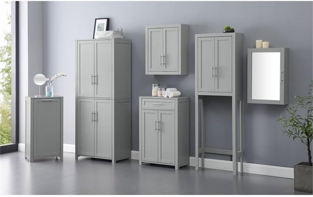 Modern MDF Wood Mirrored Wall Cabinet, 26″ H x 18″ W x 6″ D, Gray and Clear