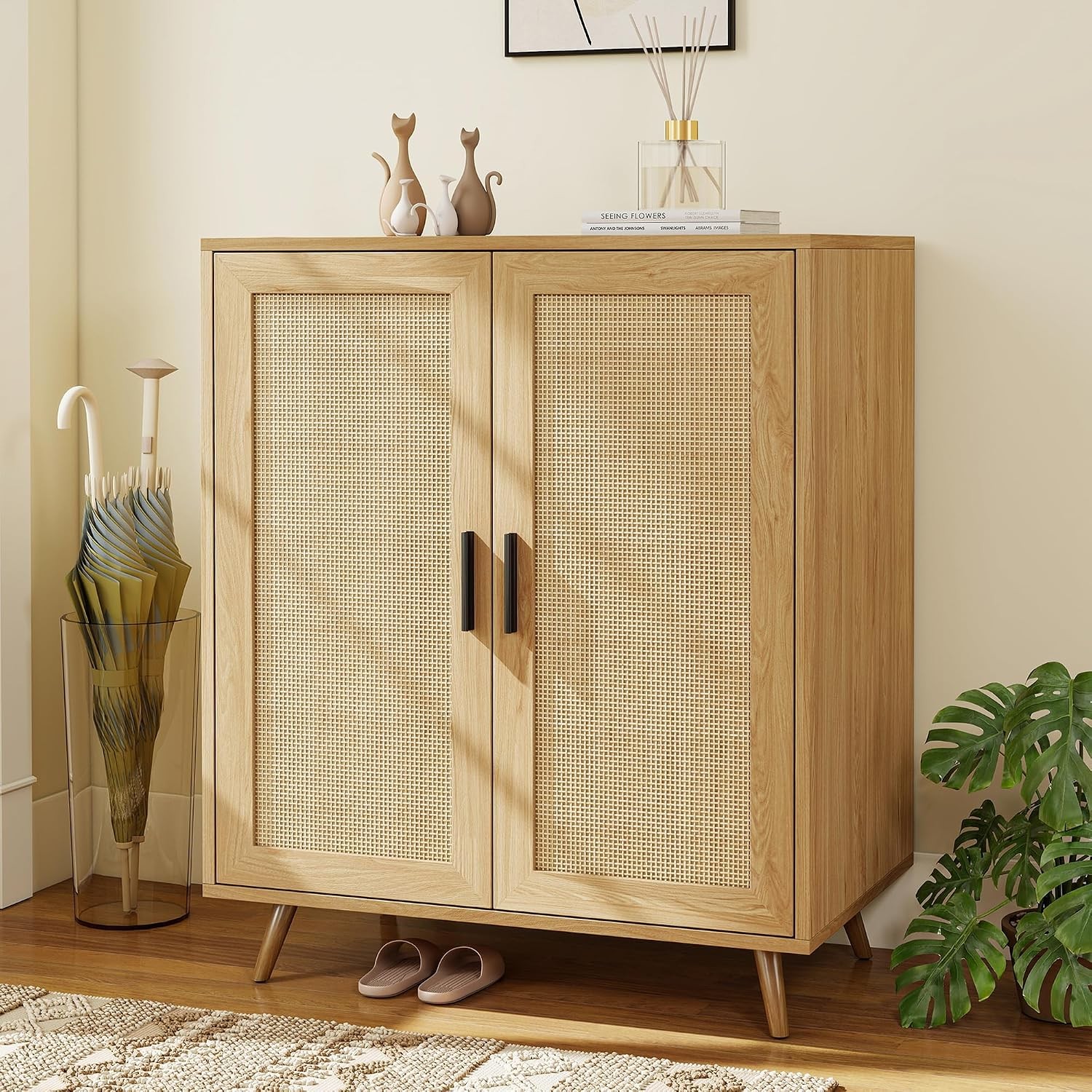Rattan Buffet Cabinet Rattan Storage Cabinet Boho Accent Sideboard Buffet