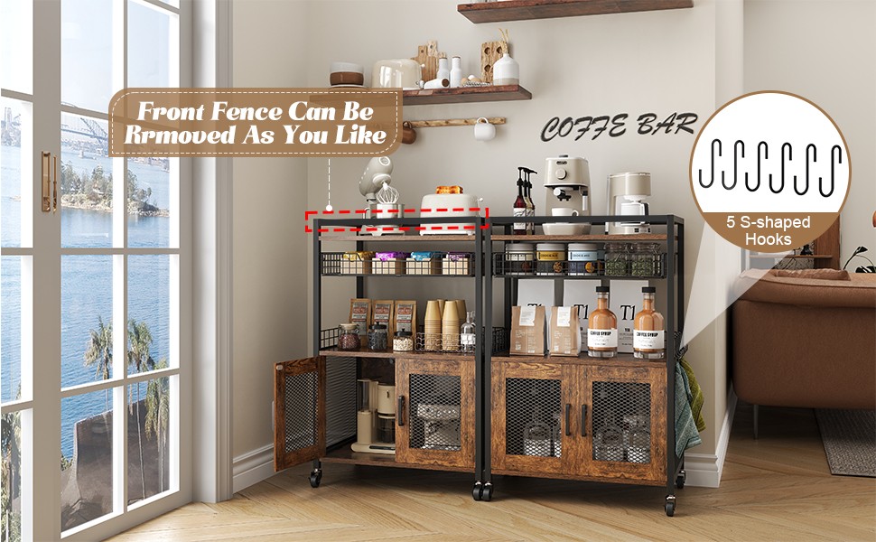 Coffee Bar Cabinet, 3 Tier Coffee Station Table on Wheels, 35.9″ H Bar Cart with