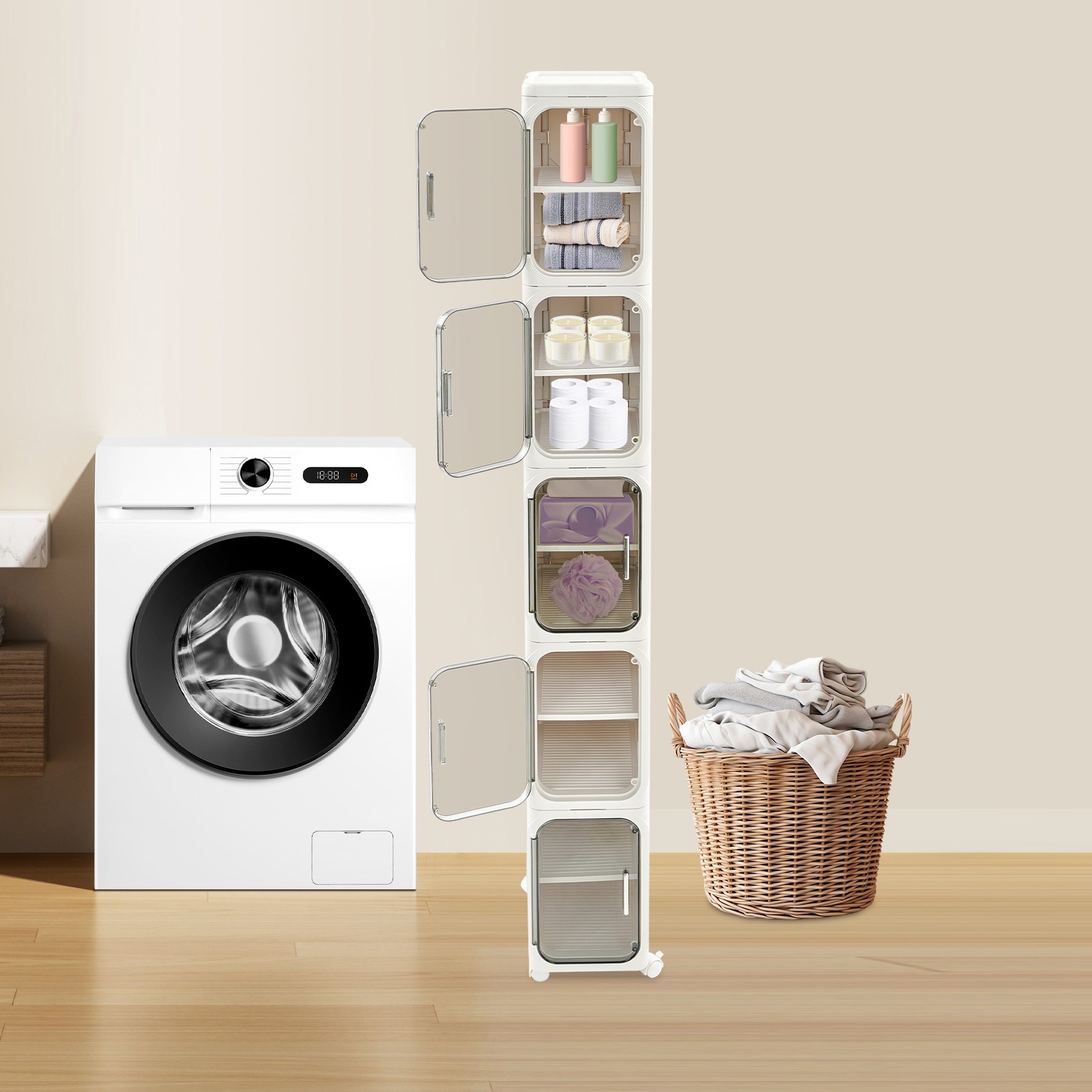 5 Tiers Storage Cabinet, 20*33*157cm Tall Narrow Organizer, Movable PP Cabinet