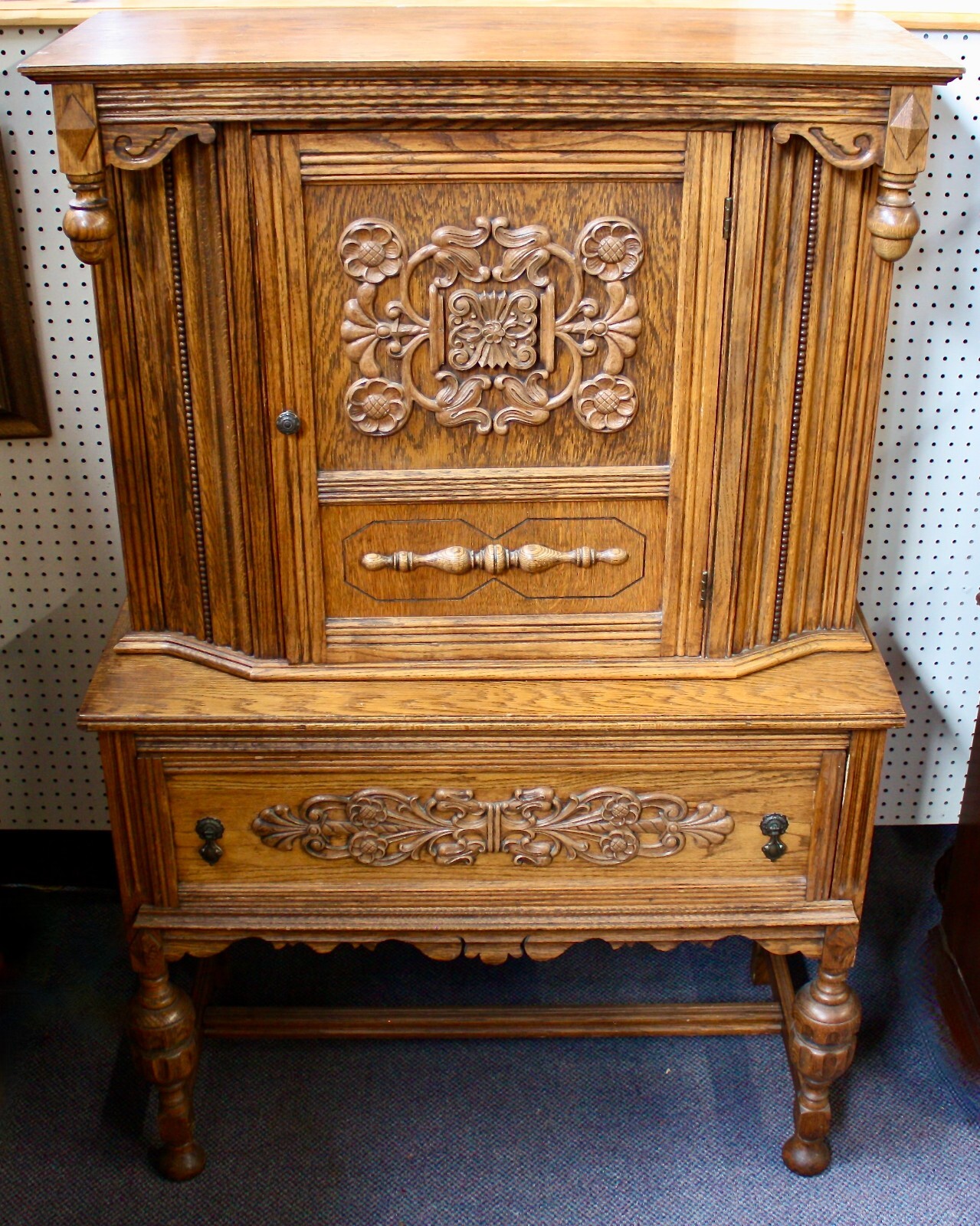 Vintage Jacobean Style 2-Piece Oak Cabinet with Dovetailed Drawer. Turned Legs
