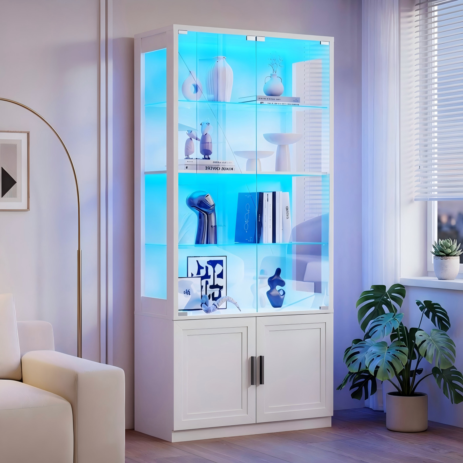 Display Case with Removable Glass Shelves, 67″ Curio Cabinet with 3-Color Lights